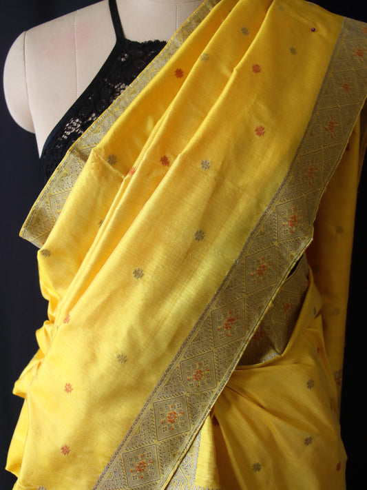 Yellow Natural Dyed  Mulberry Silk Traditional Mekhla Chador Set