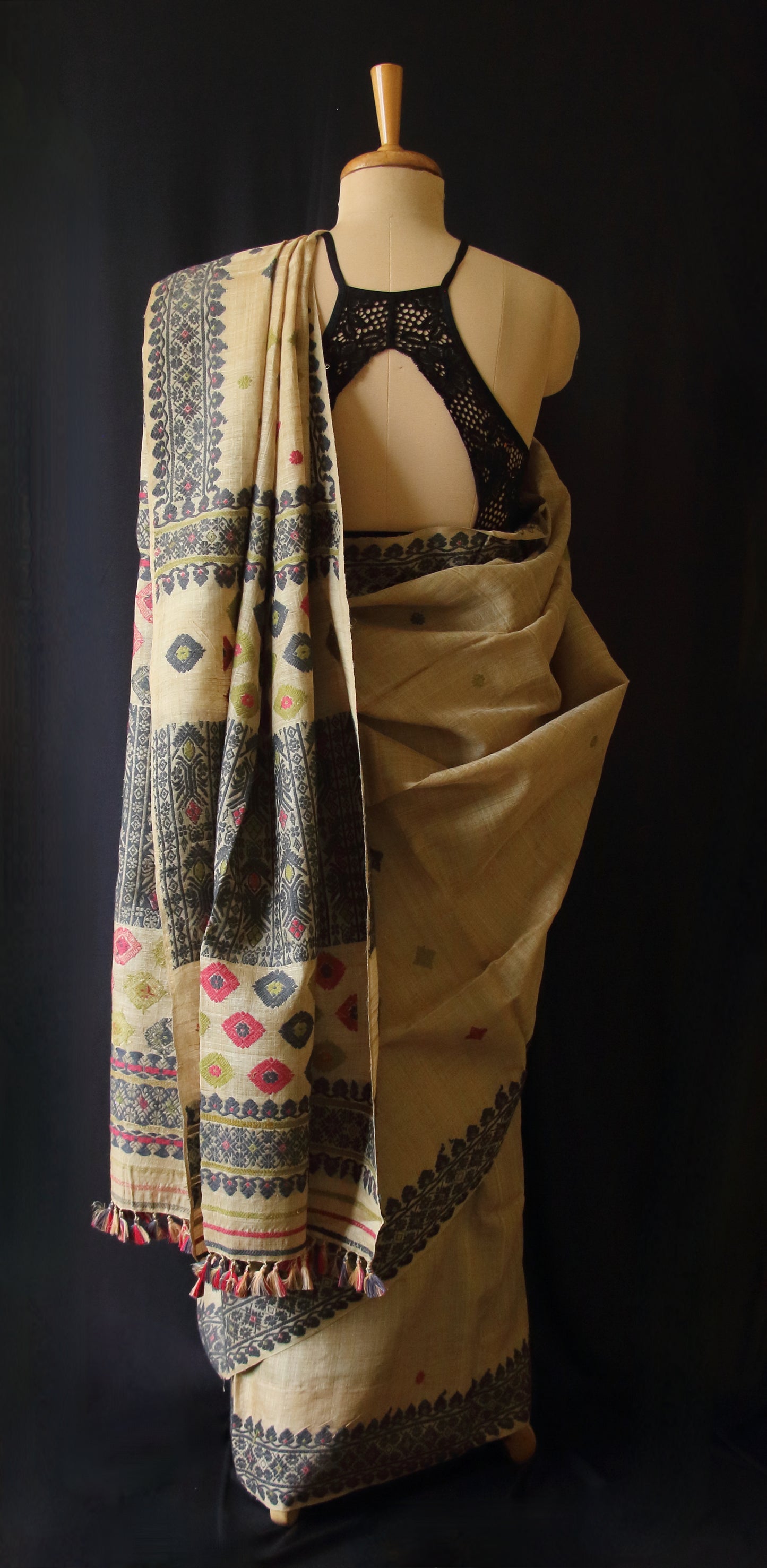 Muga Silk Saree with natural dyed Eri Silk motifs from Assam