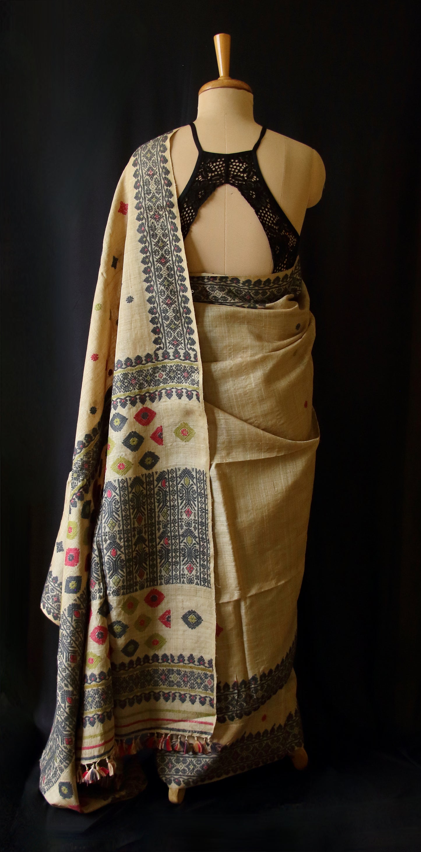 Muga Silk Saree with natural dyed Eri Silk motifs from Assam