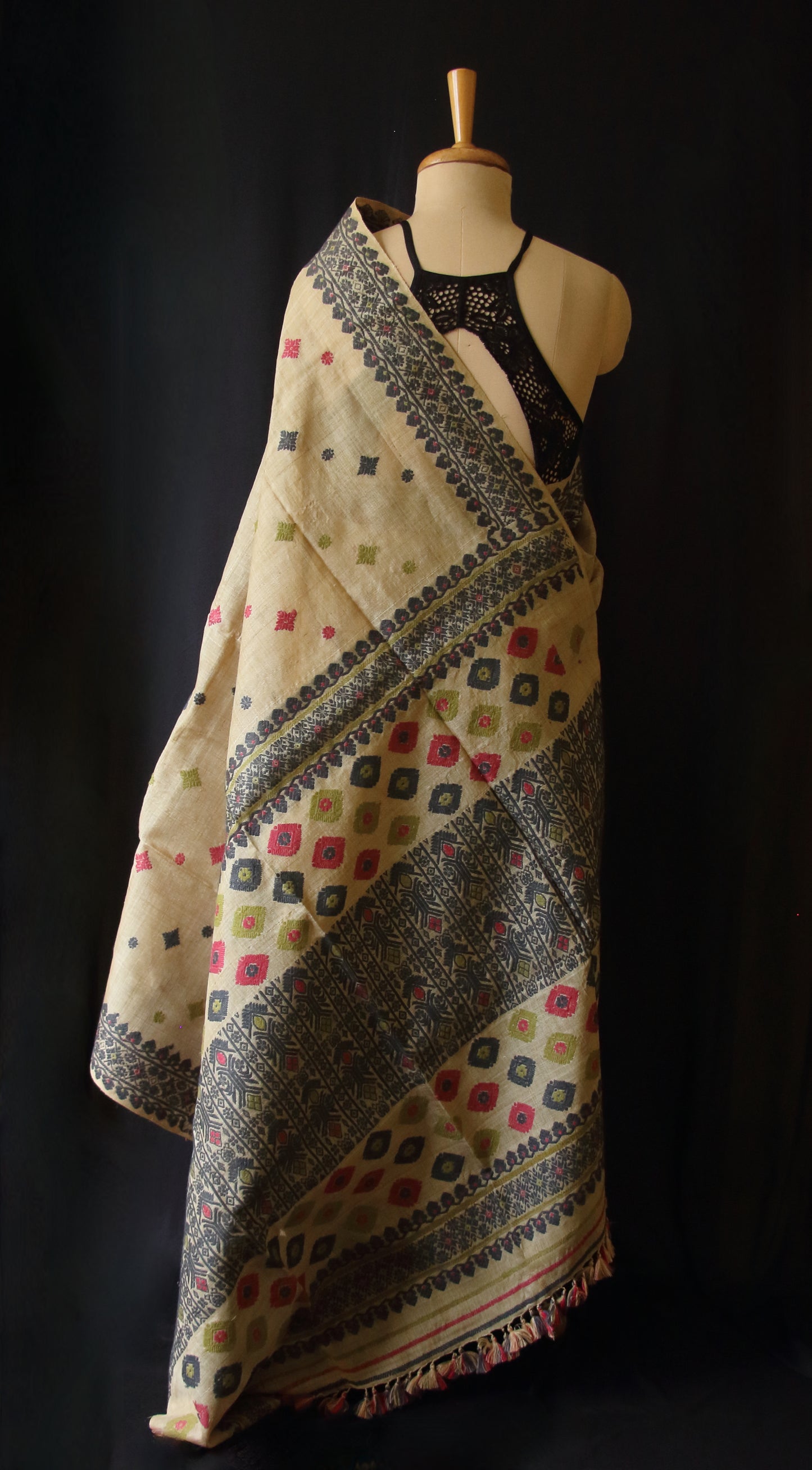 Muga Silk Saree with natural dyed Eri Silk motifs from Assam