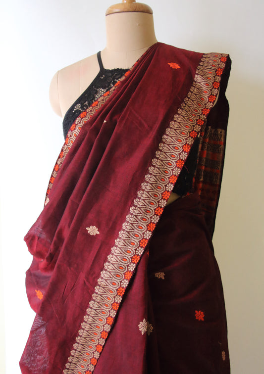 Maroon Handloom Cotton Saree from Assam