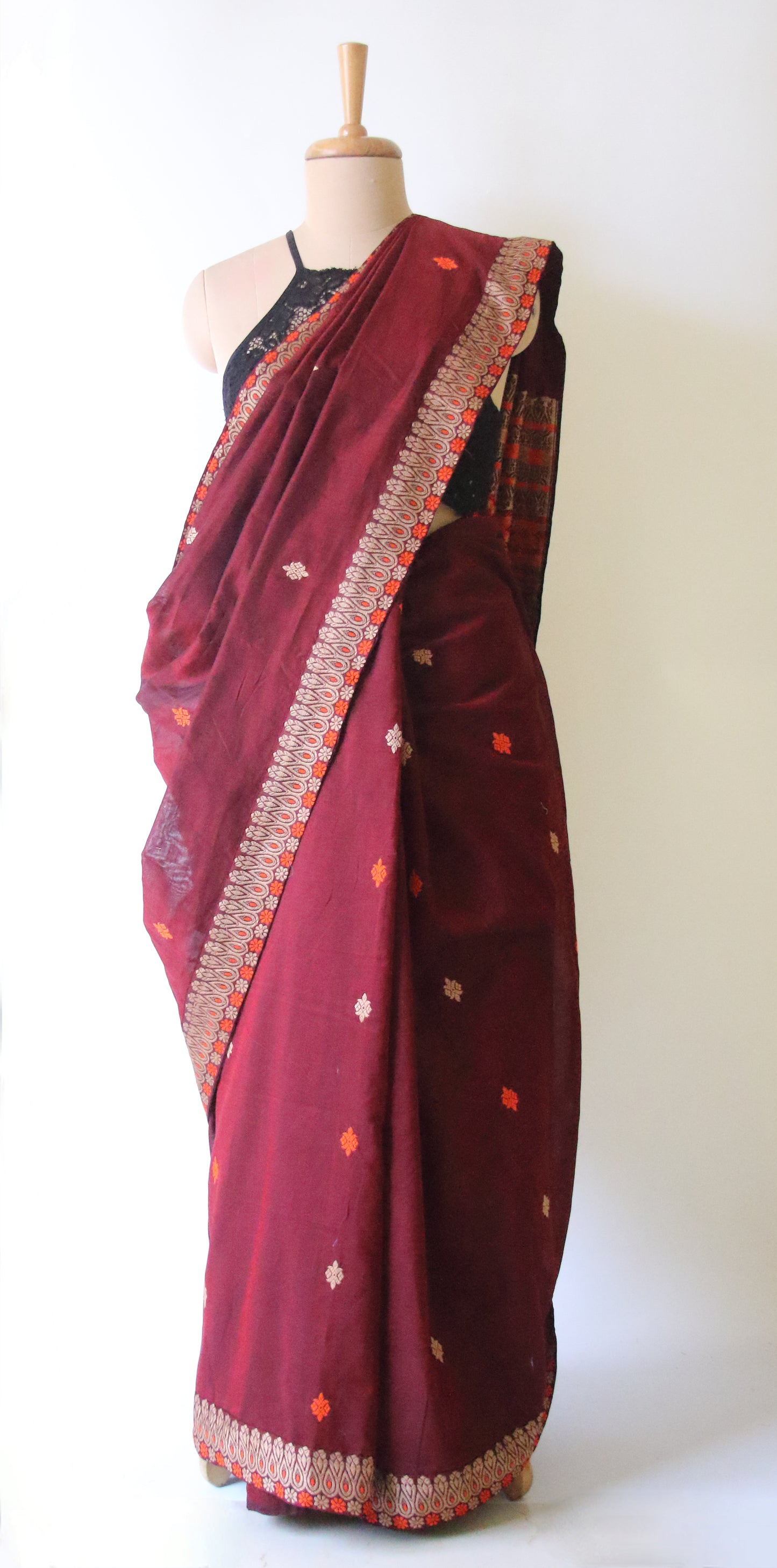 Maroon Handloom Cotton Saree from Assam