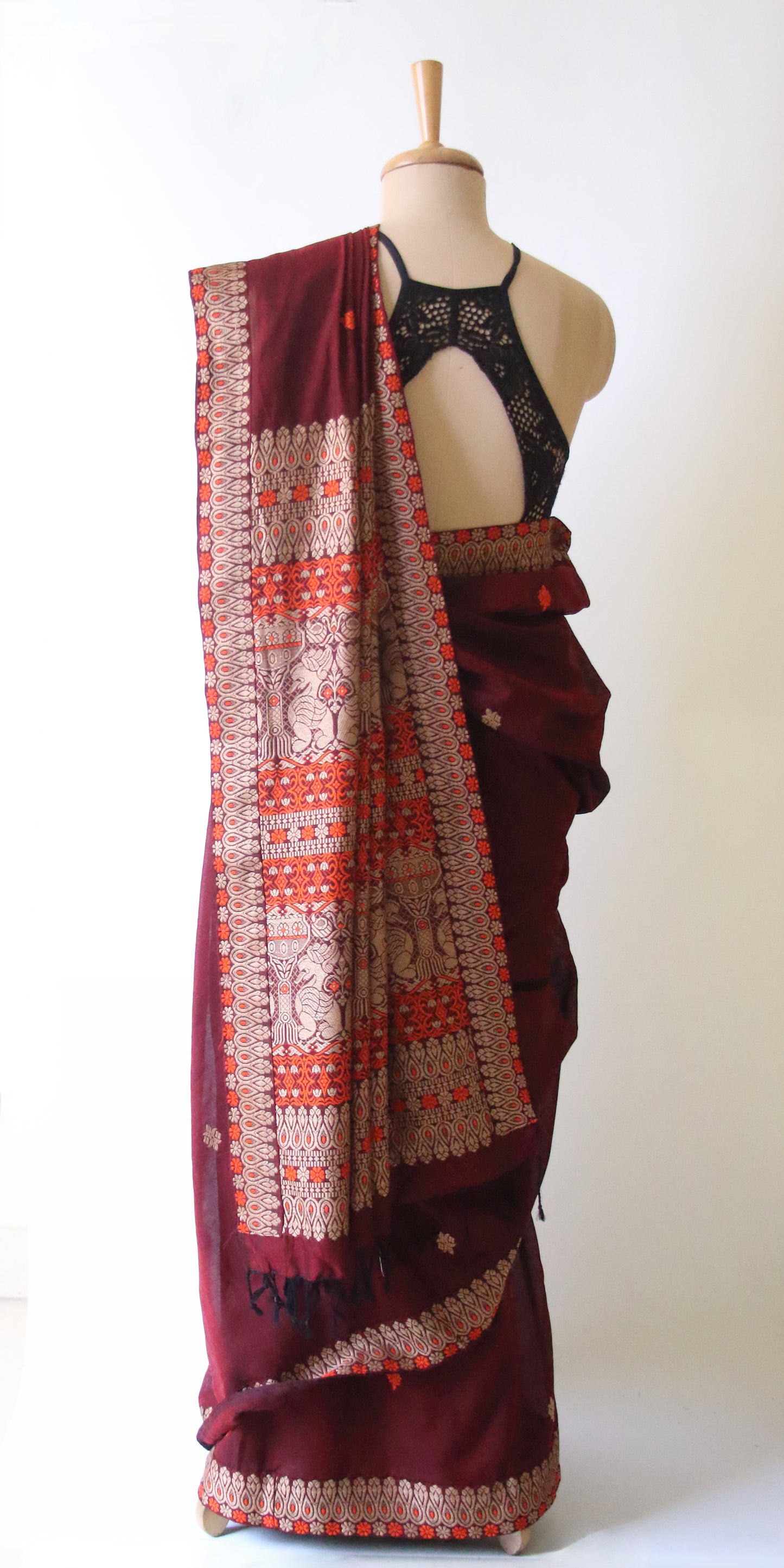 Maroon Handloom Cotton Saree from Assam