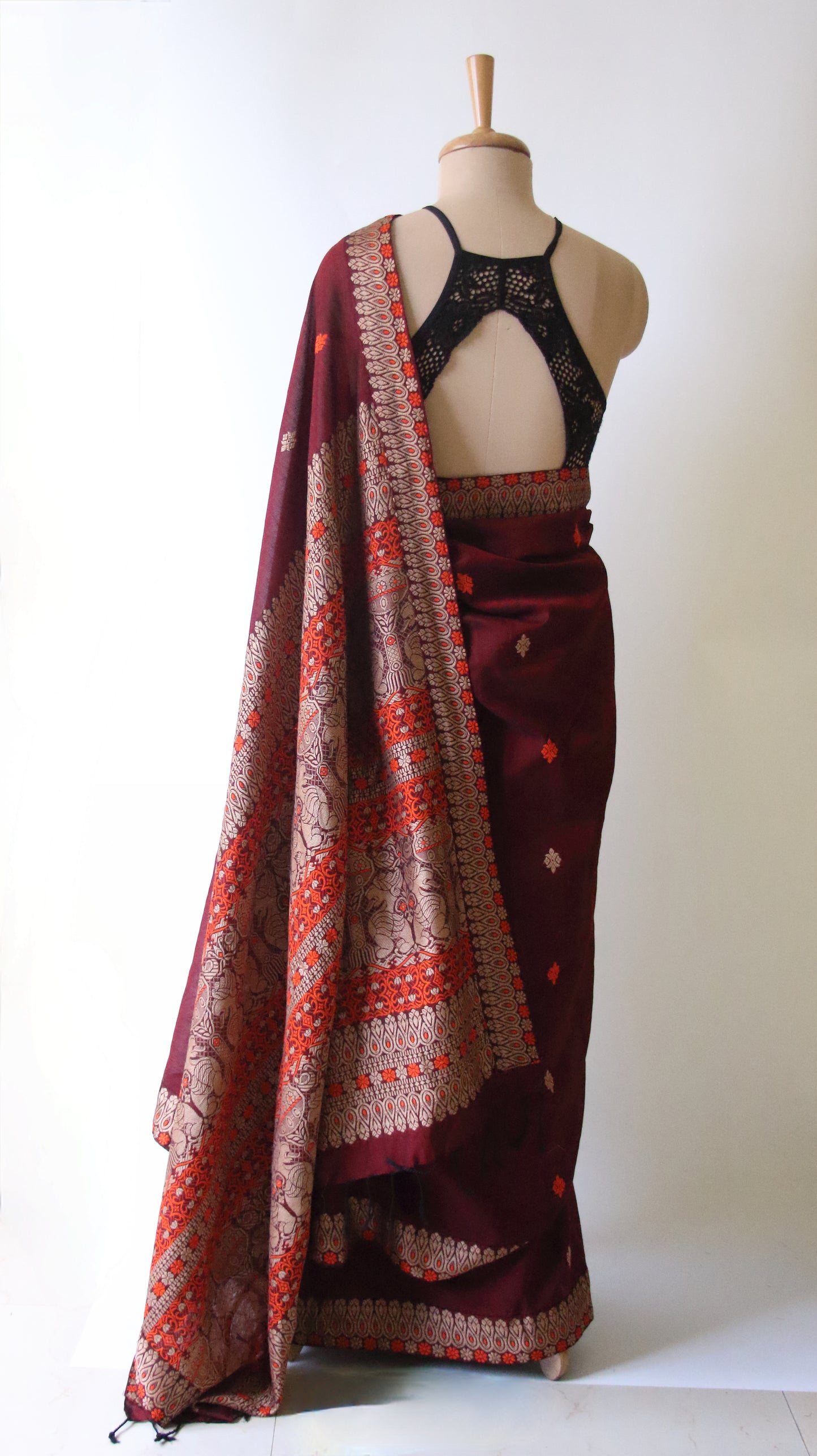 Maroon Handloom Cotton Saree from Assam