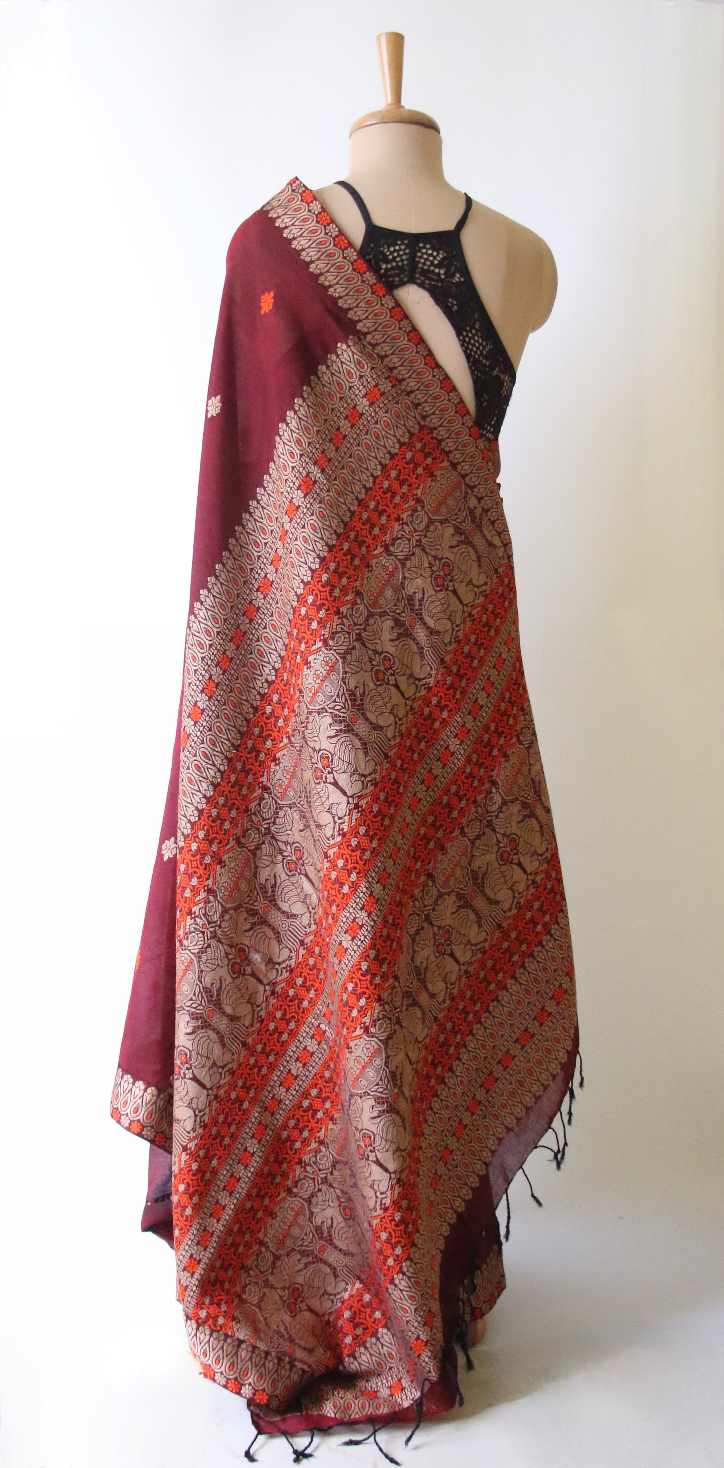 Maroon Handloom Cotton Saree from Assam