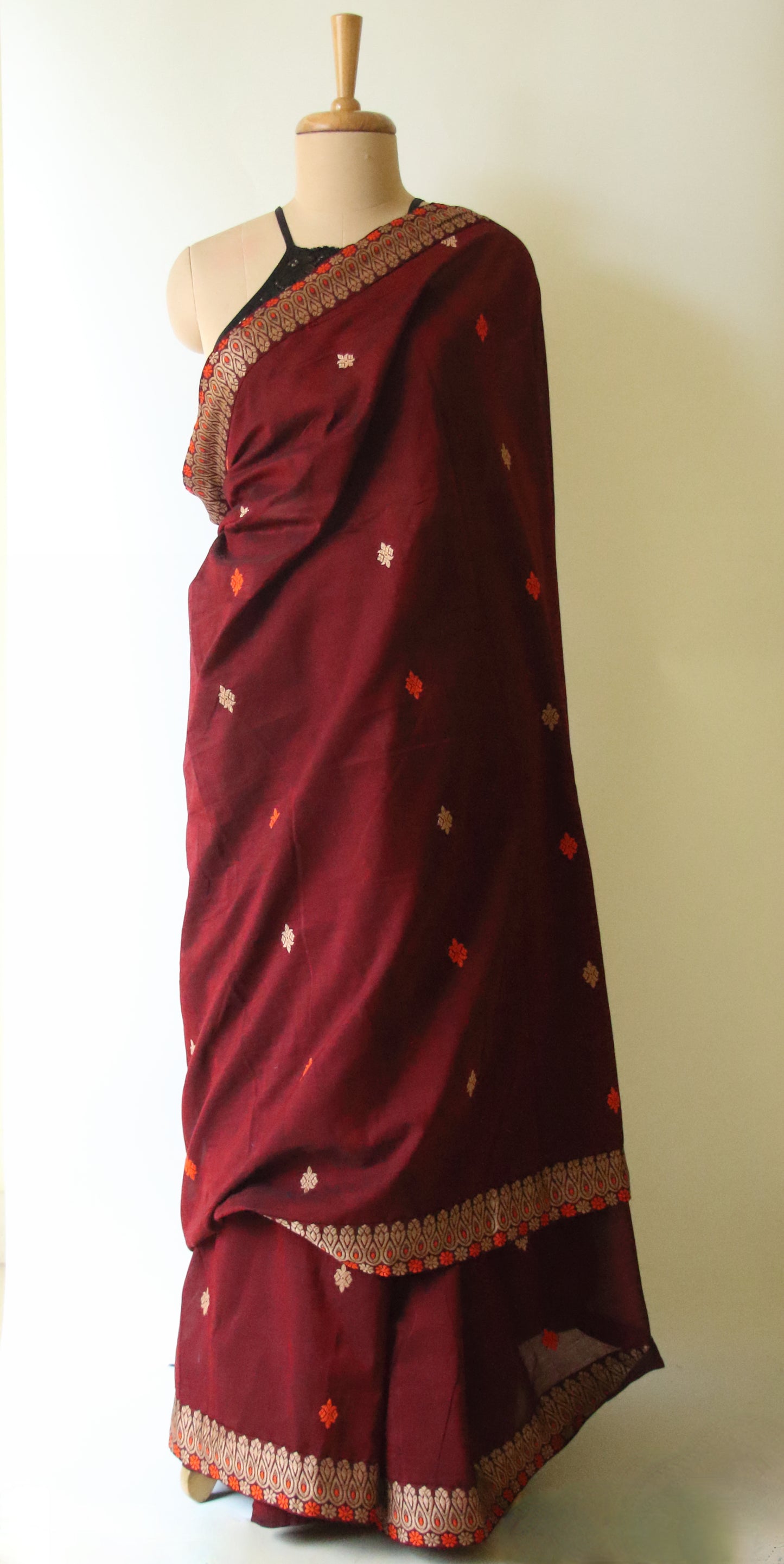 Maroon Handloom Cotton Saree from Assam