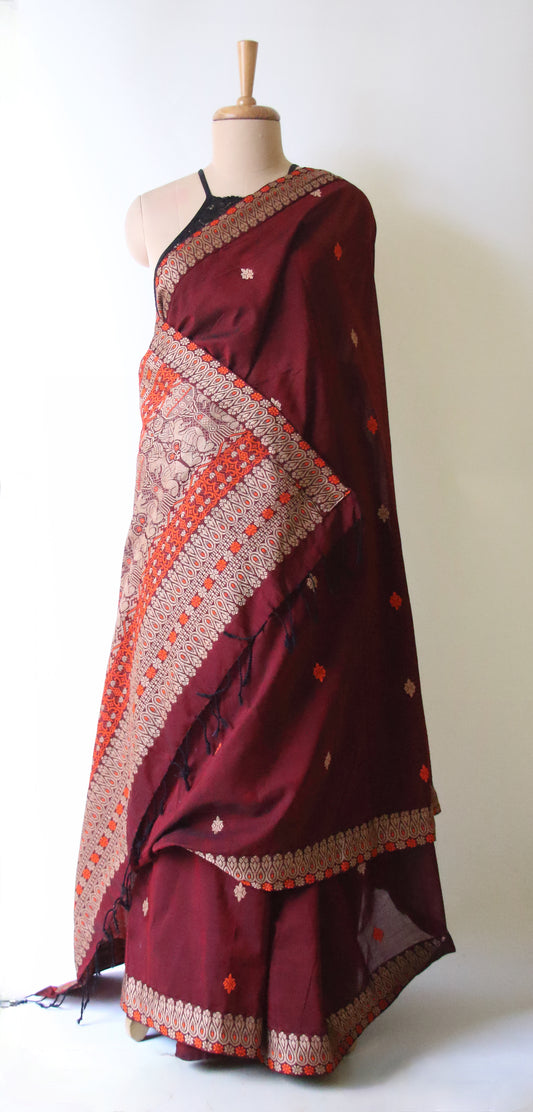 Maroon Handloom Cotton Saree from Assam