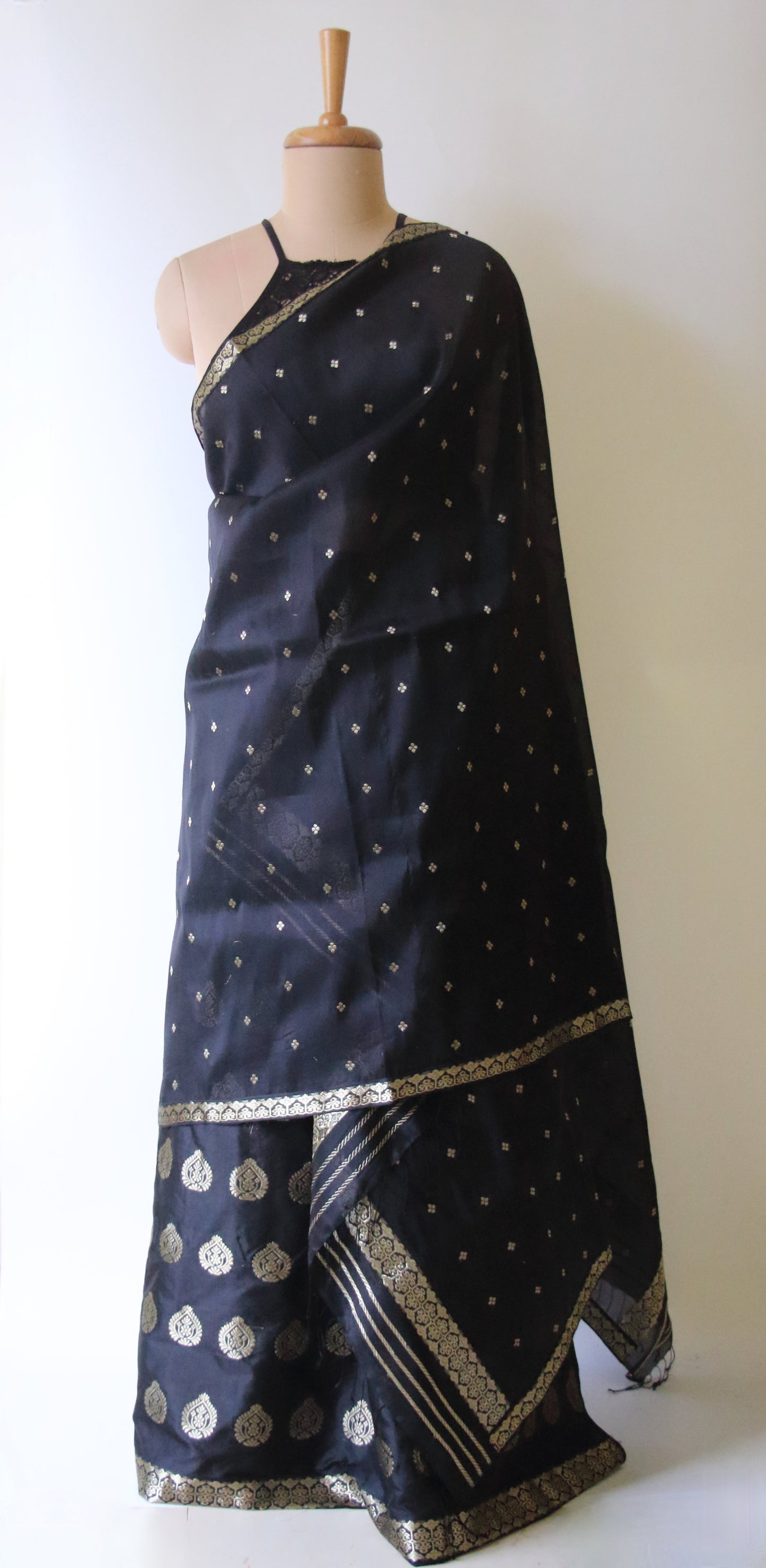 Black Handloom Mulberry Silk Mekhla Chador Set from Assam , India