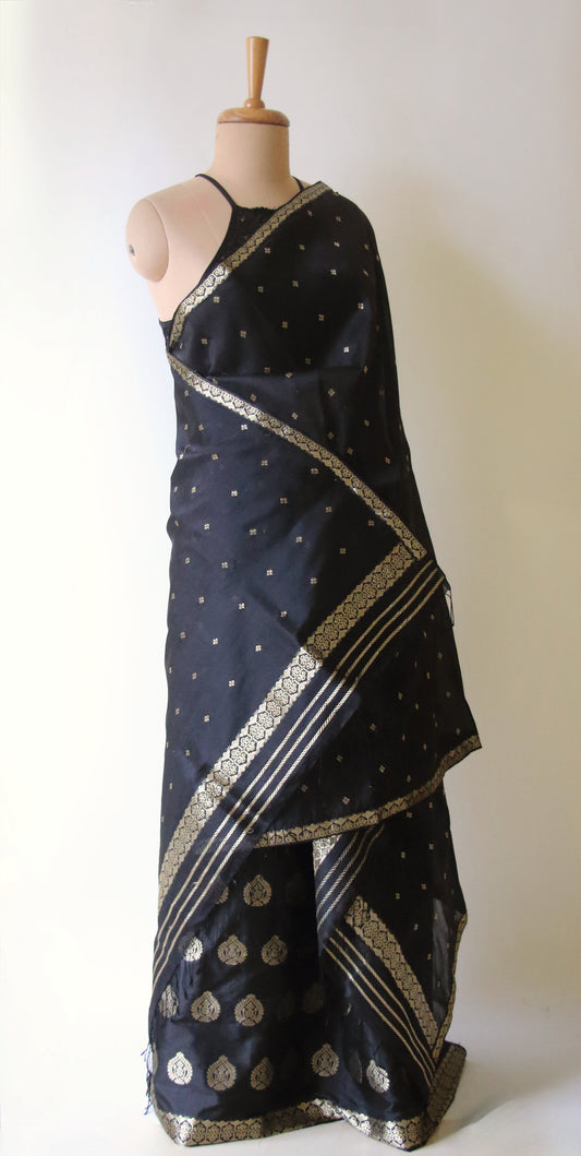 Black Handloom Mulberry Silk Mekhla Chador Set from Assam , India
