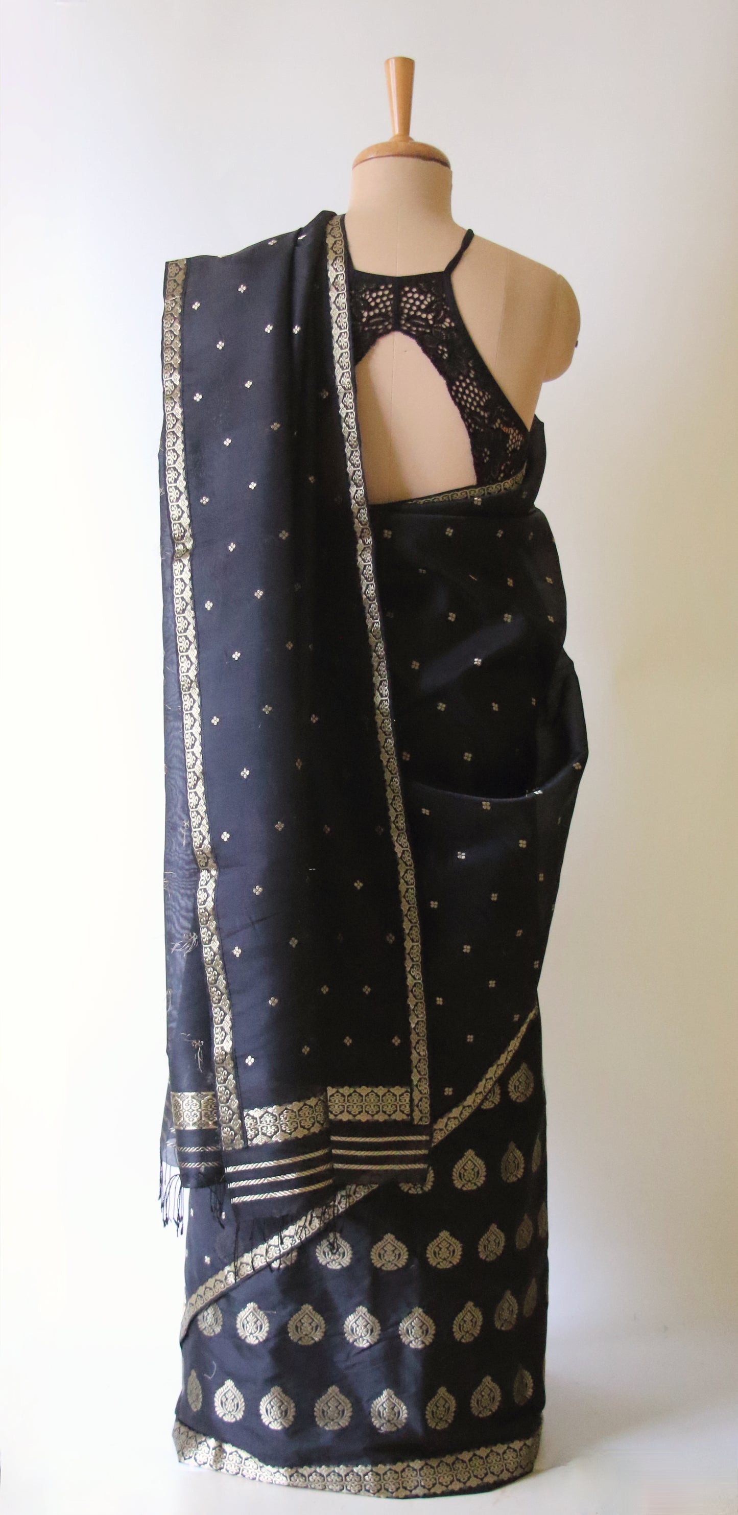 Black Handloom Mulberry Silk Mekhla Chador Set from Assam , India