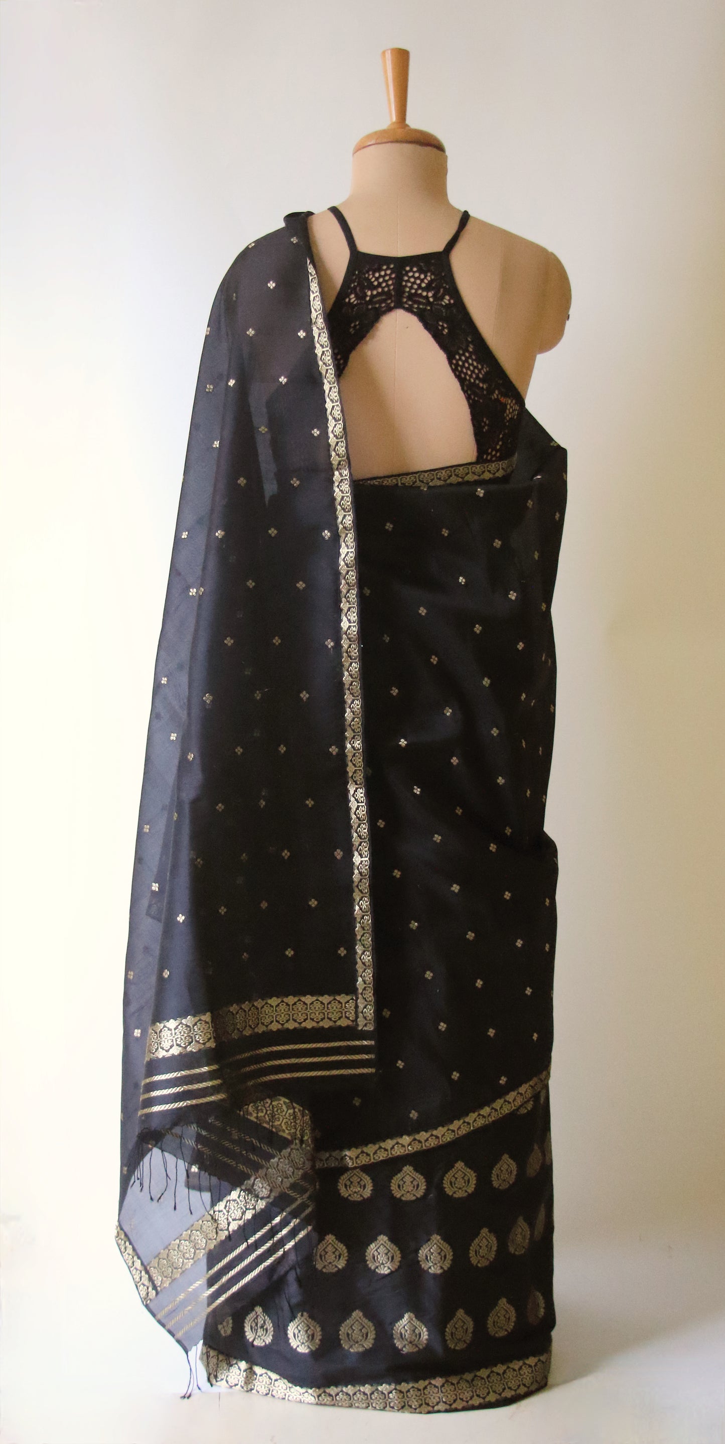 Black Handloom Mulberry Silk Mekhla Chador Set from Assam , India