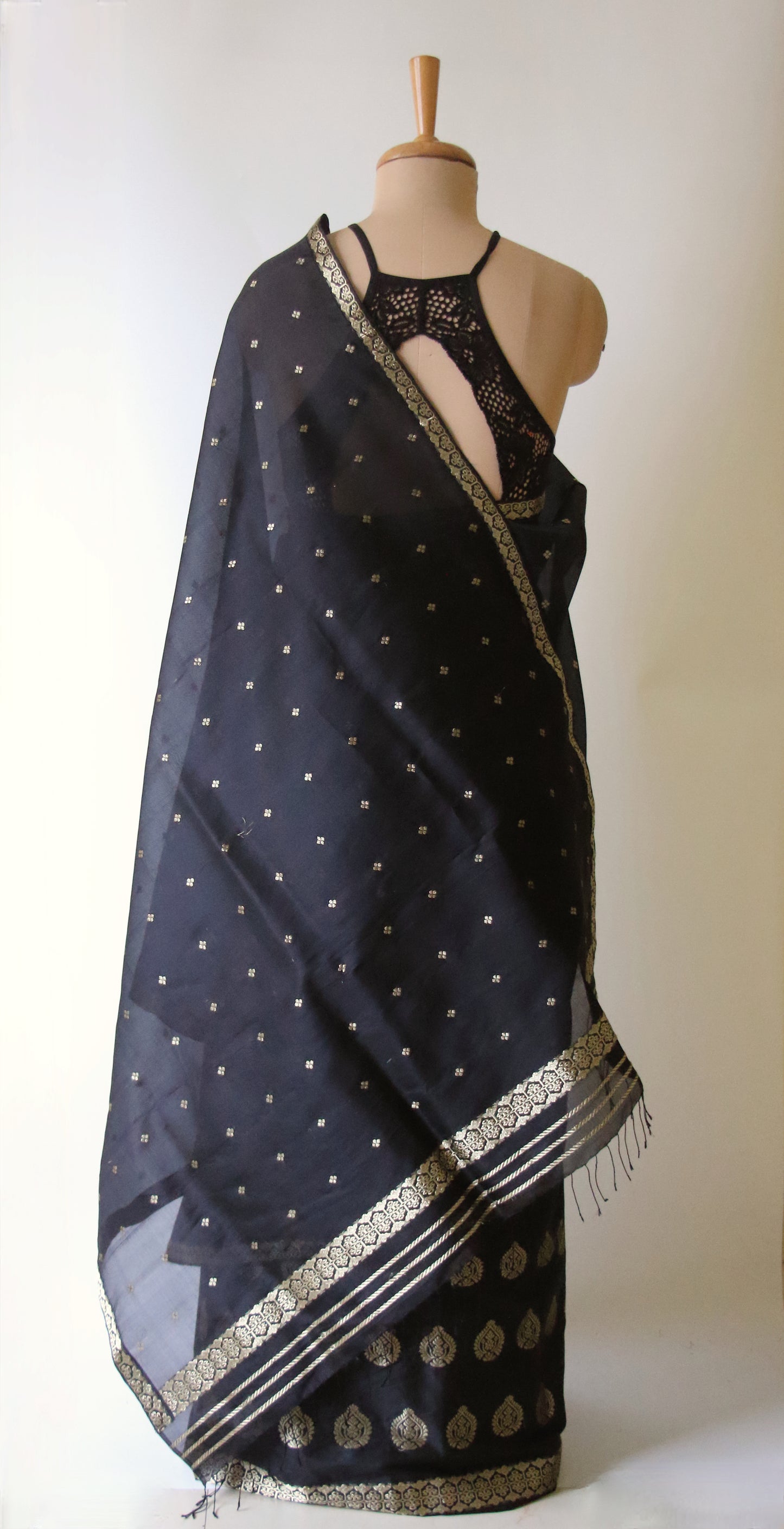Black Handloom Mulberry Silk Mekhla Chador Set from Assam , India