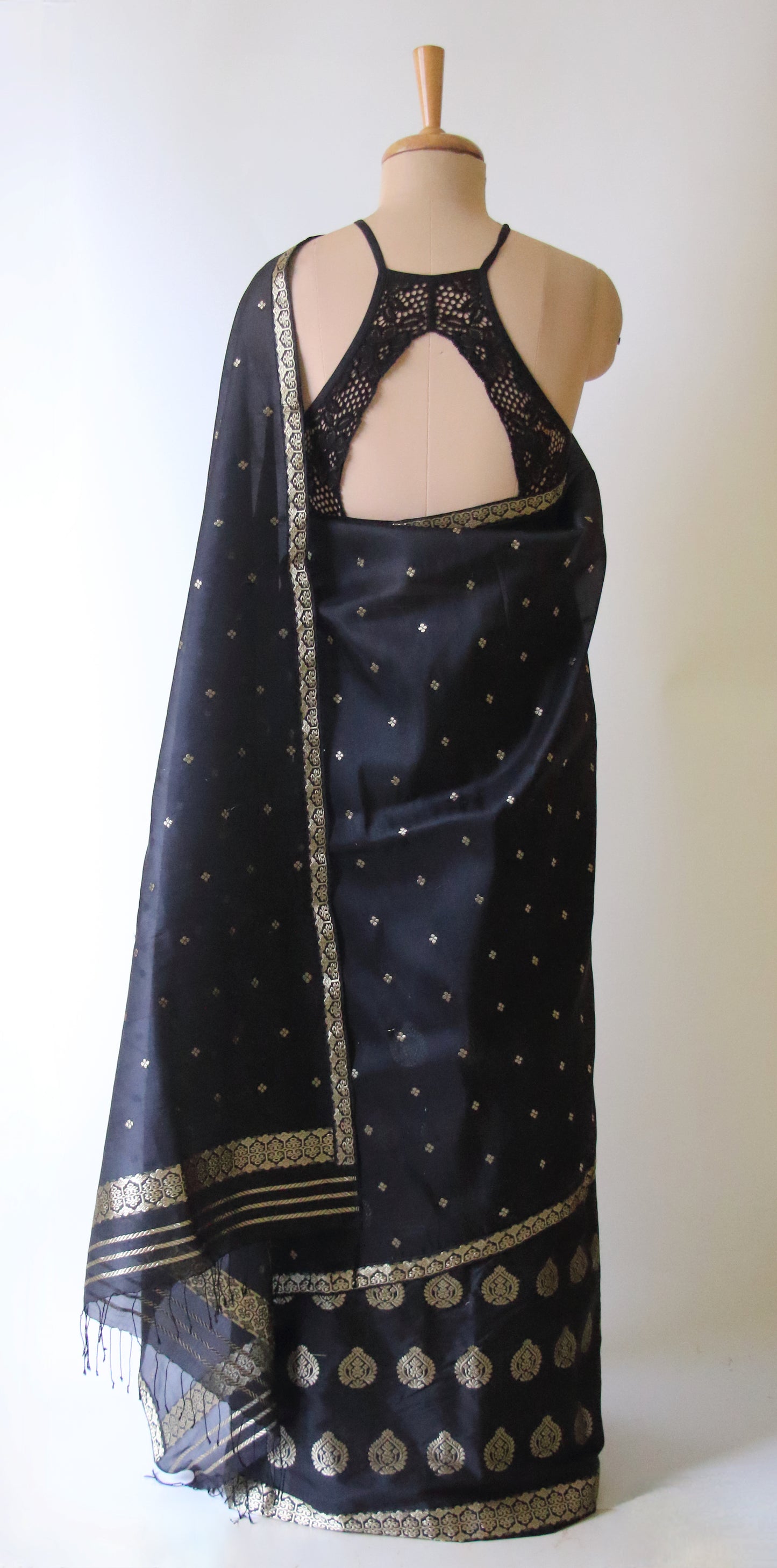 Black Handloom Mulberry Silk Mekhla Chador Set from Assam , India