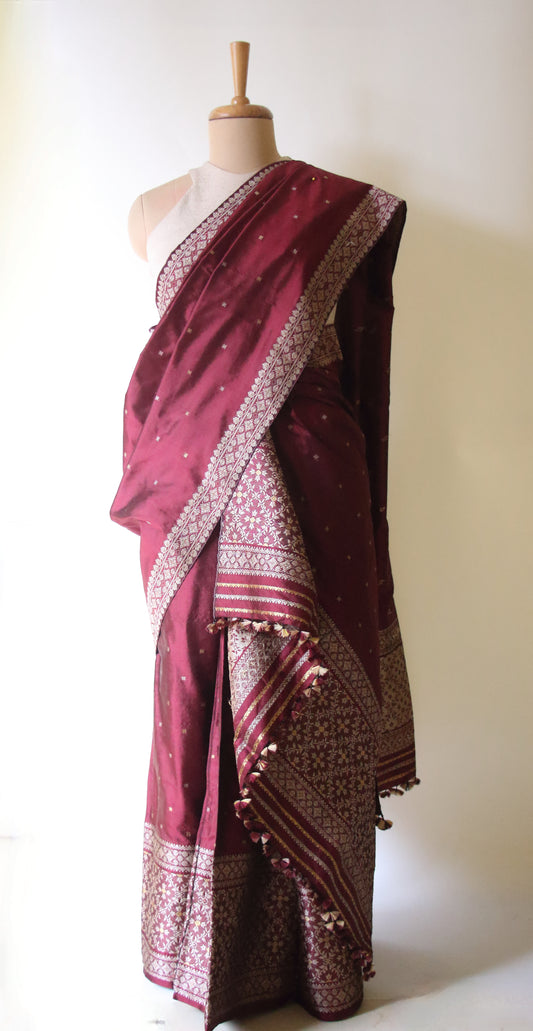 Maroon Natural Dyed  Mulberry Silk Traditional Mekhla Chador Set