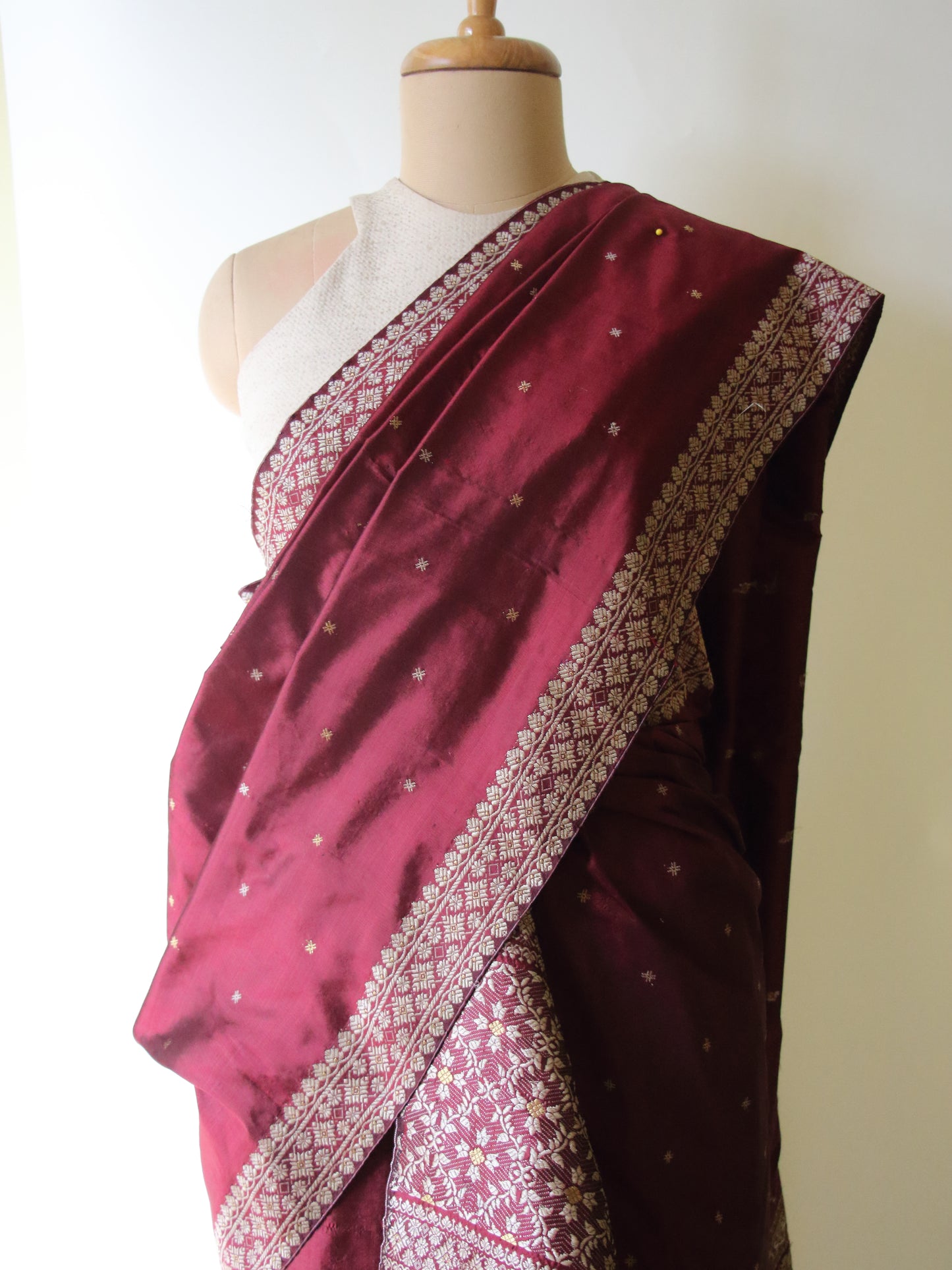 Maroon Natural Dyed  Mulberry Silk Traditional Mekhla Chador Set