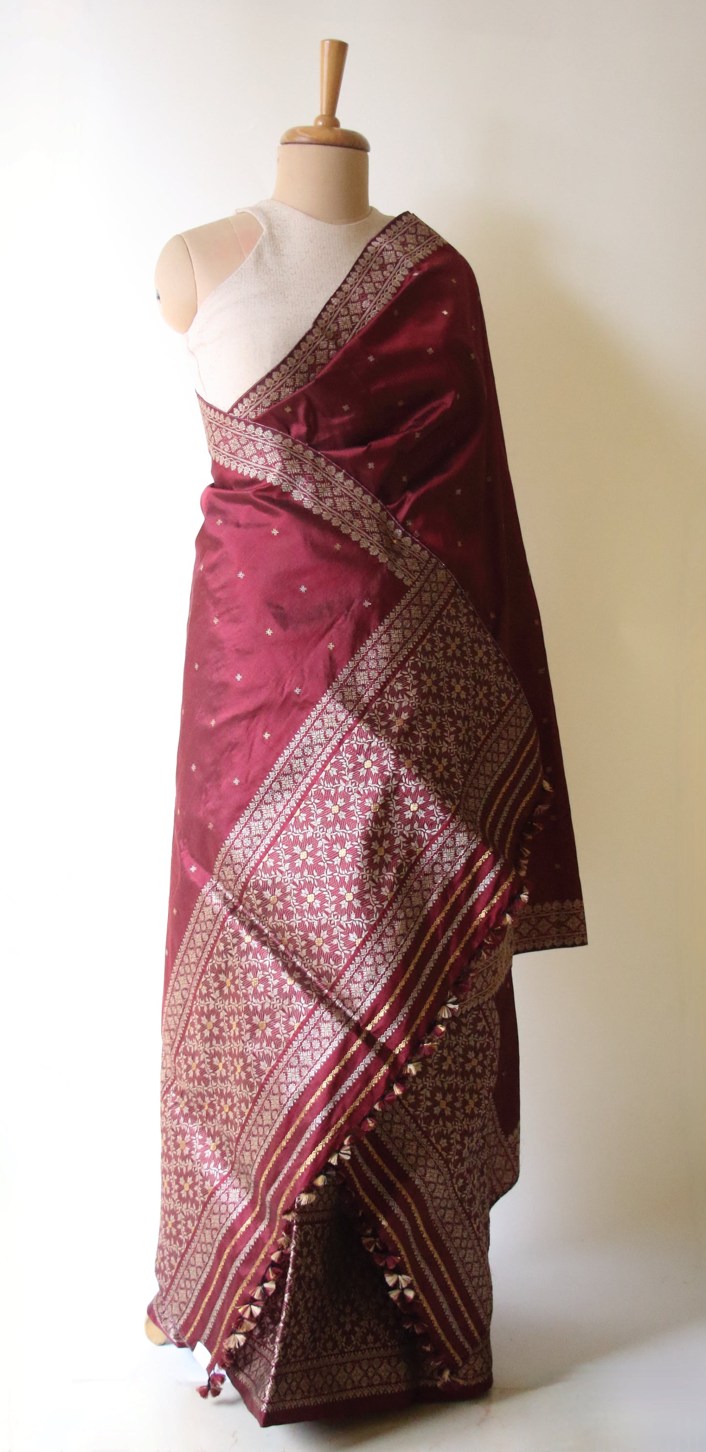 Maroon Natural Dyed  Mulberry Silk Traditional Mekhla Chador Set