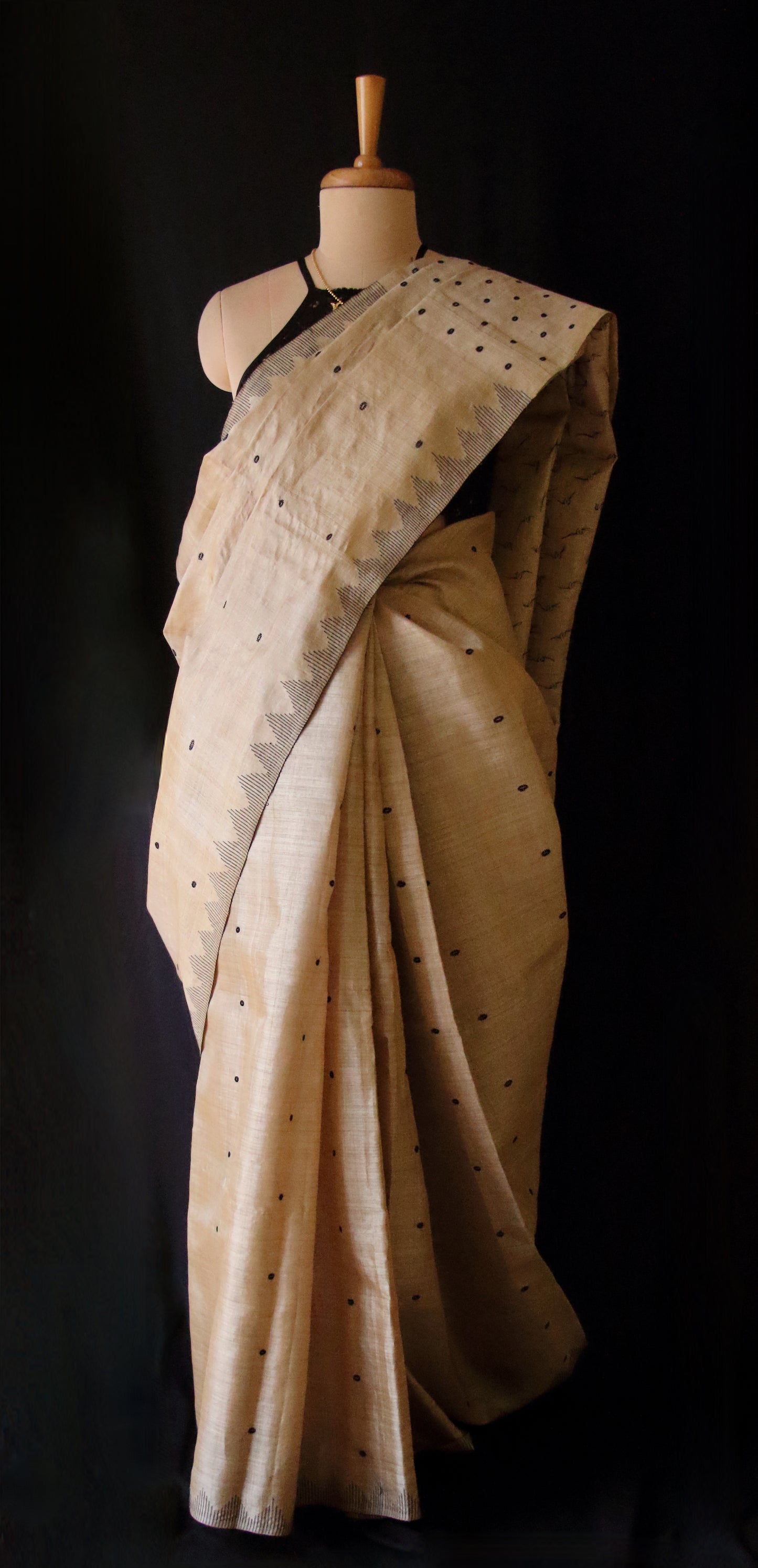 Authentic Muga Silk Saree with black motifs from Assam