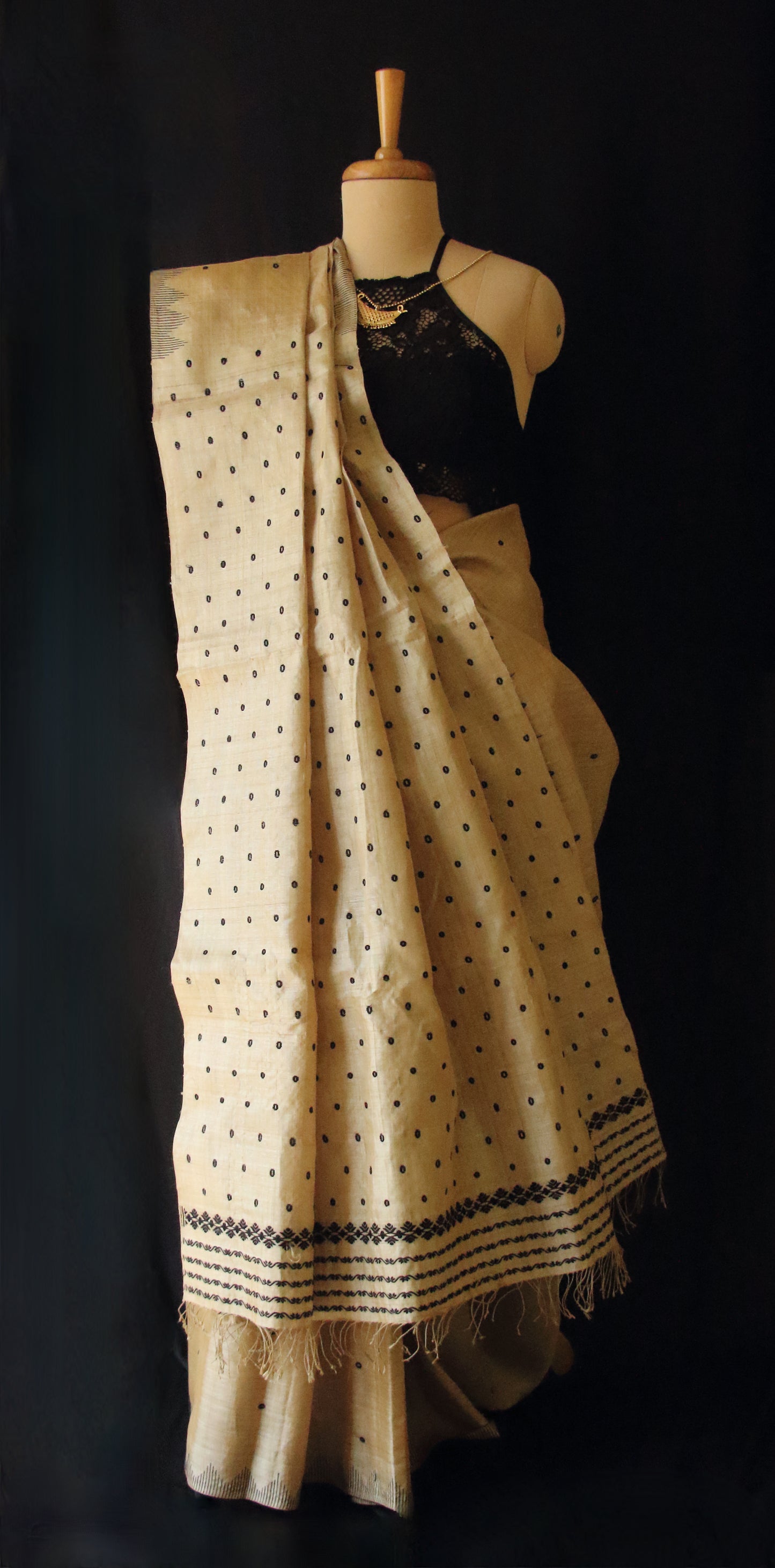 Authentic Muga Silk Saree with black motifs from Assam