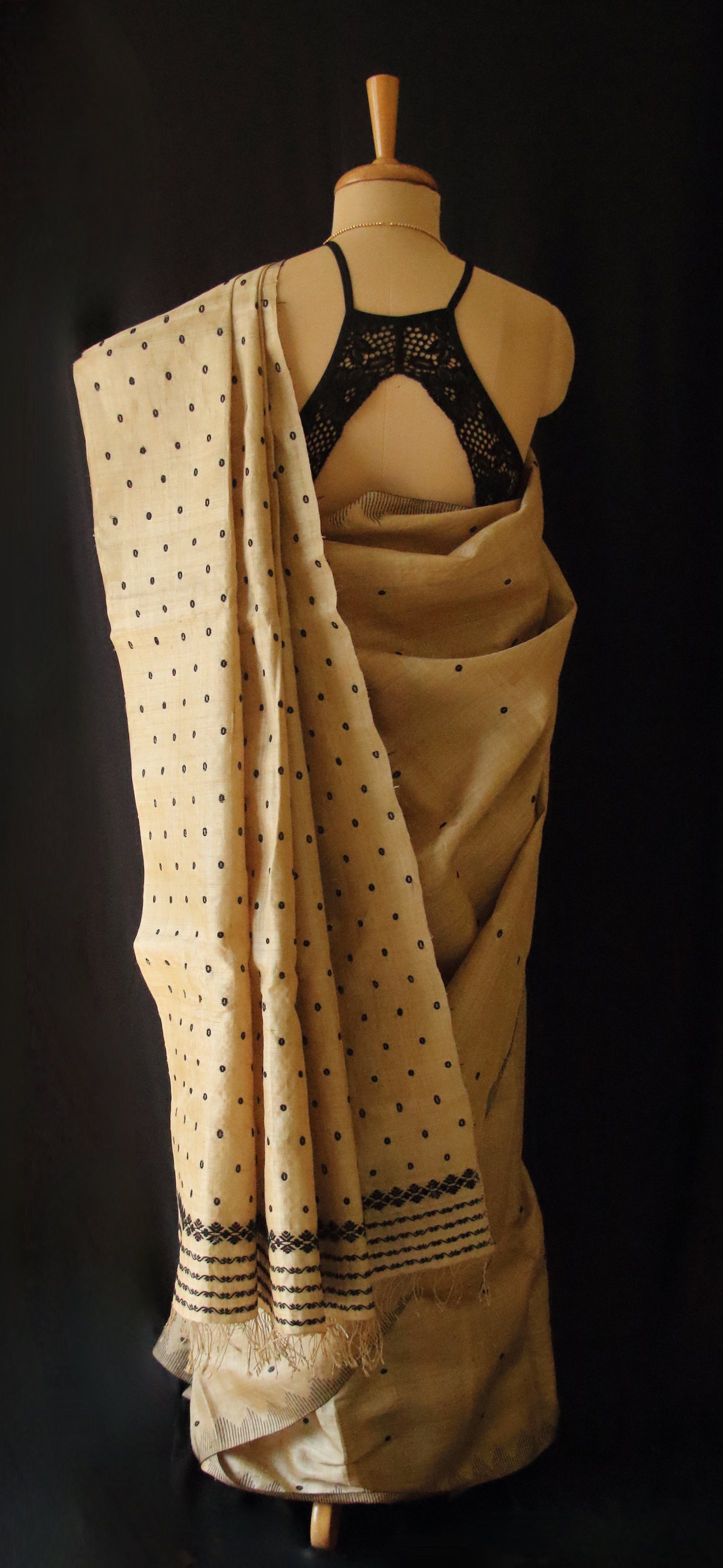 Authentic Muga Silk Saree with black motifs from Assam