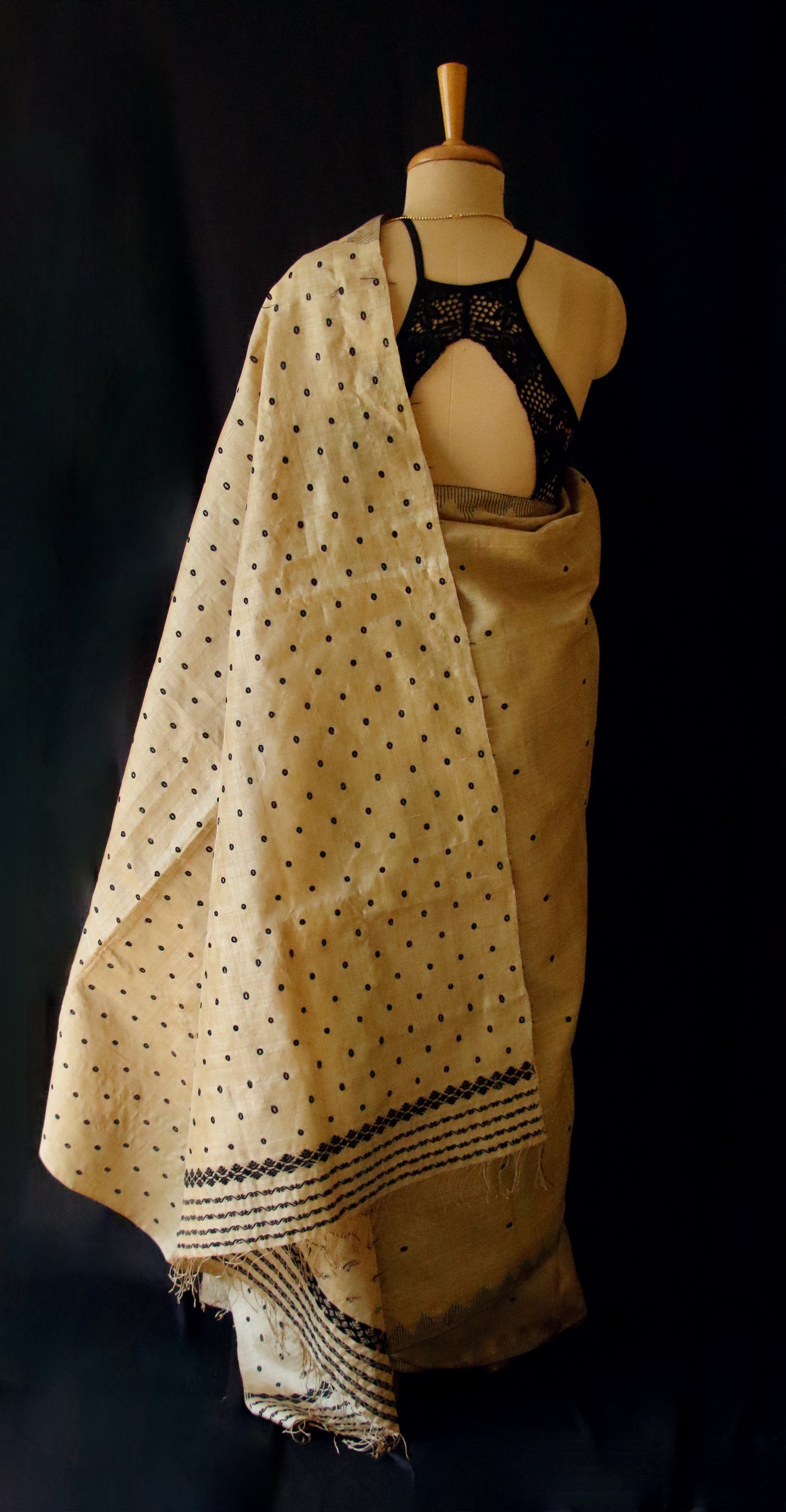 Authentic Muga Silk Saree with black motifs from Assam