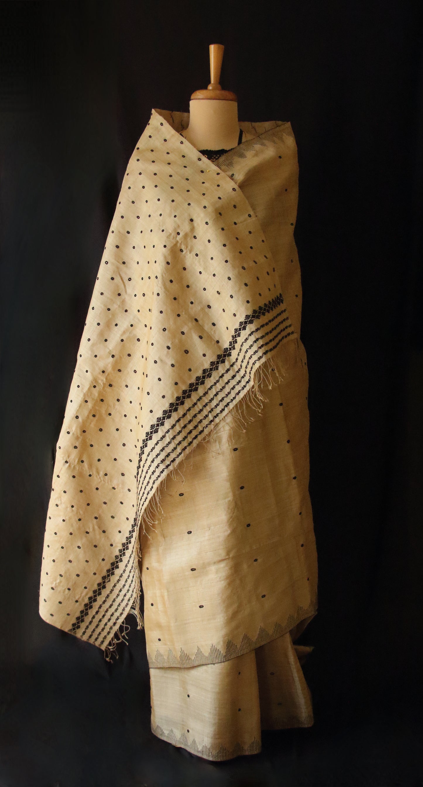 Authentic Muga Silk Saree with black motifs from Assam