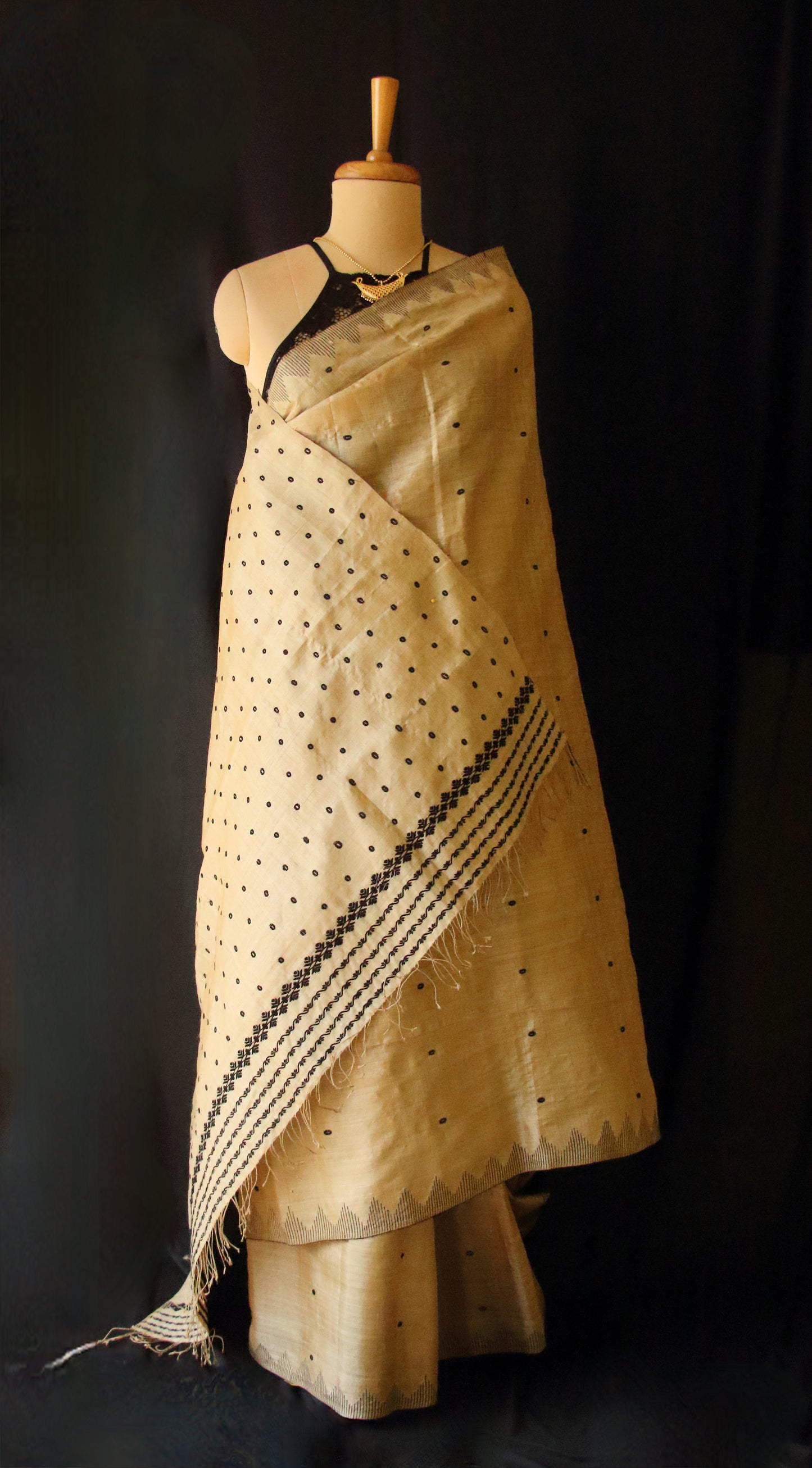 Authentic Muga Silk Saree with black motifs from Assam