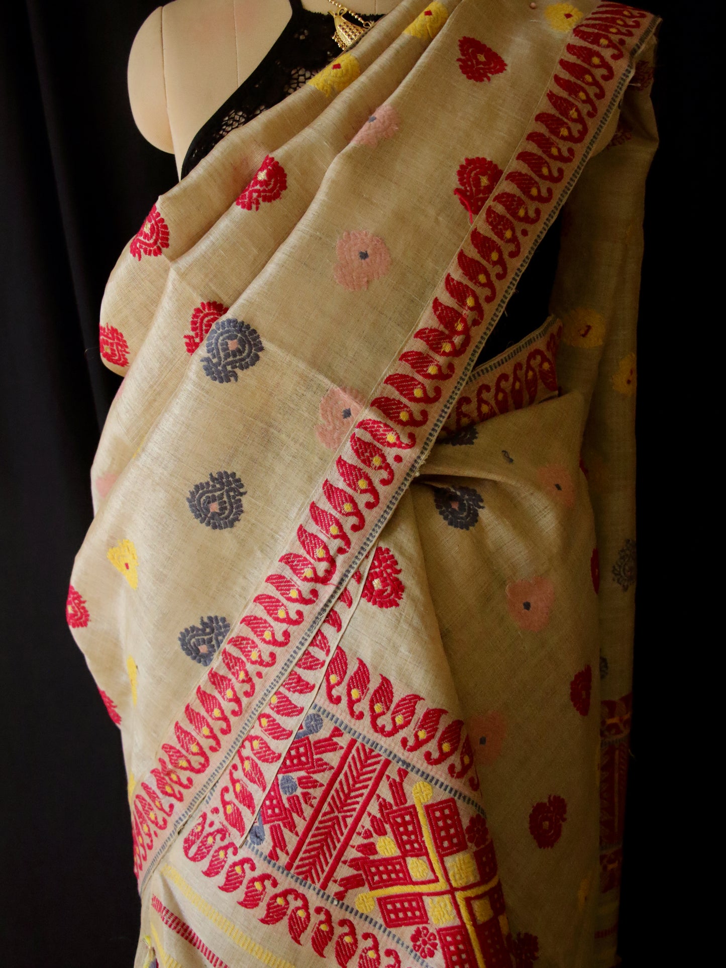 Authentic Muga Silk Traditional Design Mekhela Chador Set from Assam