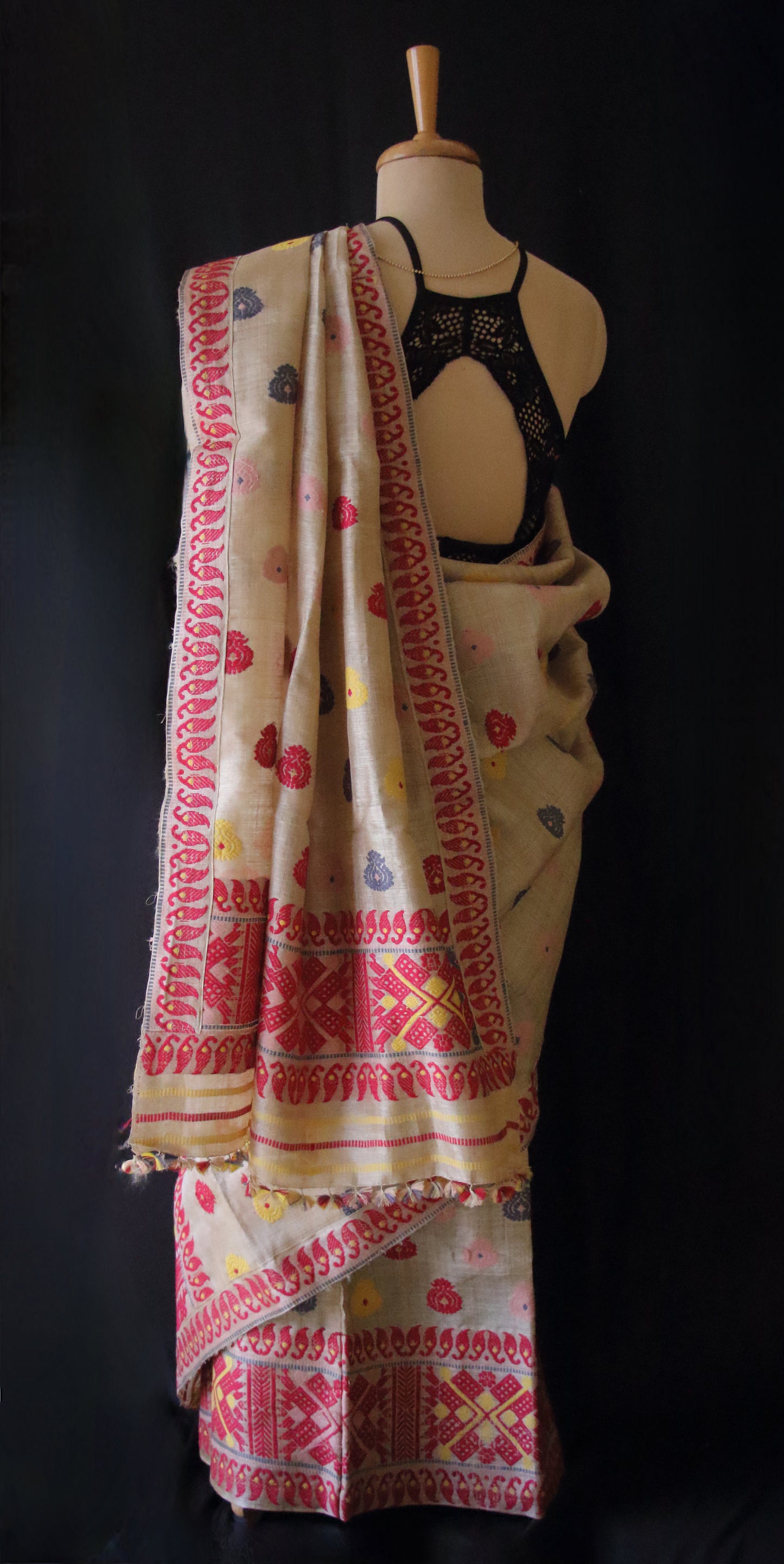 Authentic Muga Silk Traditional Design Mekhela Chador Set from Assam