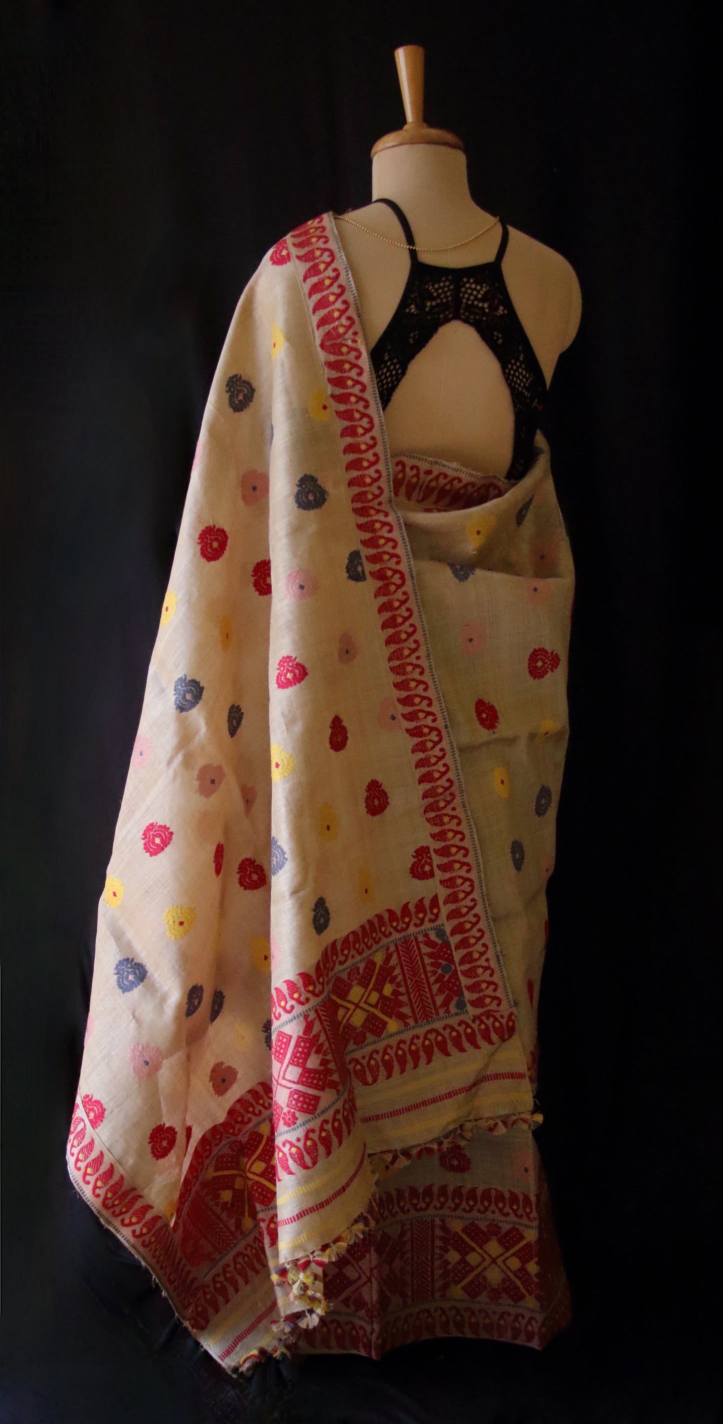 Authentic Muga Silk Traditional Design Mekhela Chador Set from Assam