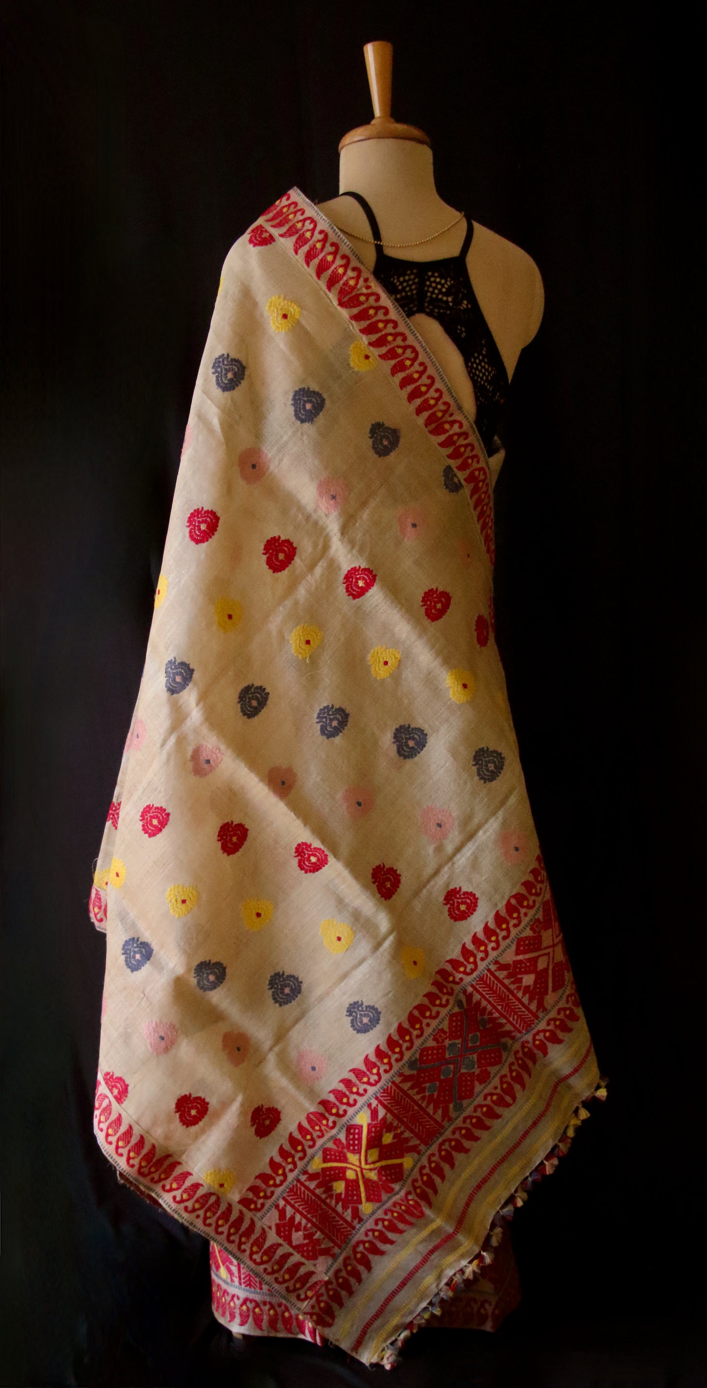 Authentic Muga Silk Traditional Design Mekhela Chador Set from Assam