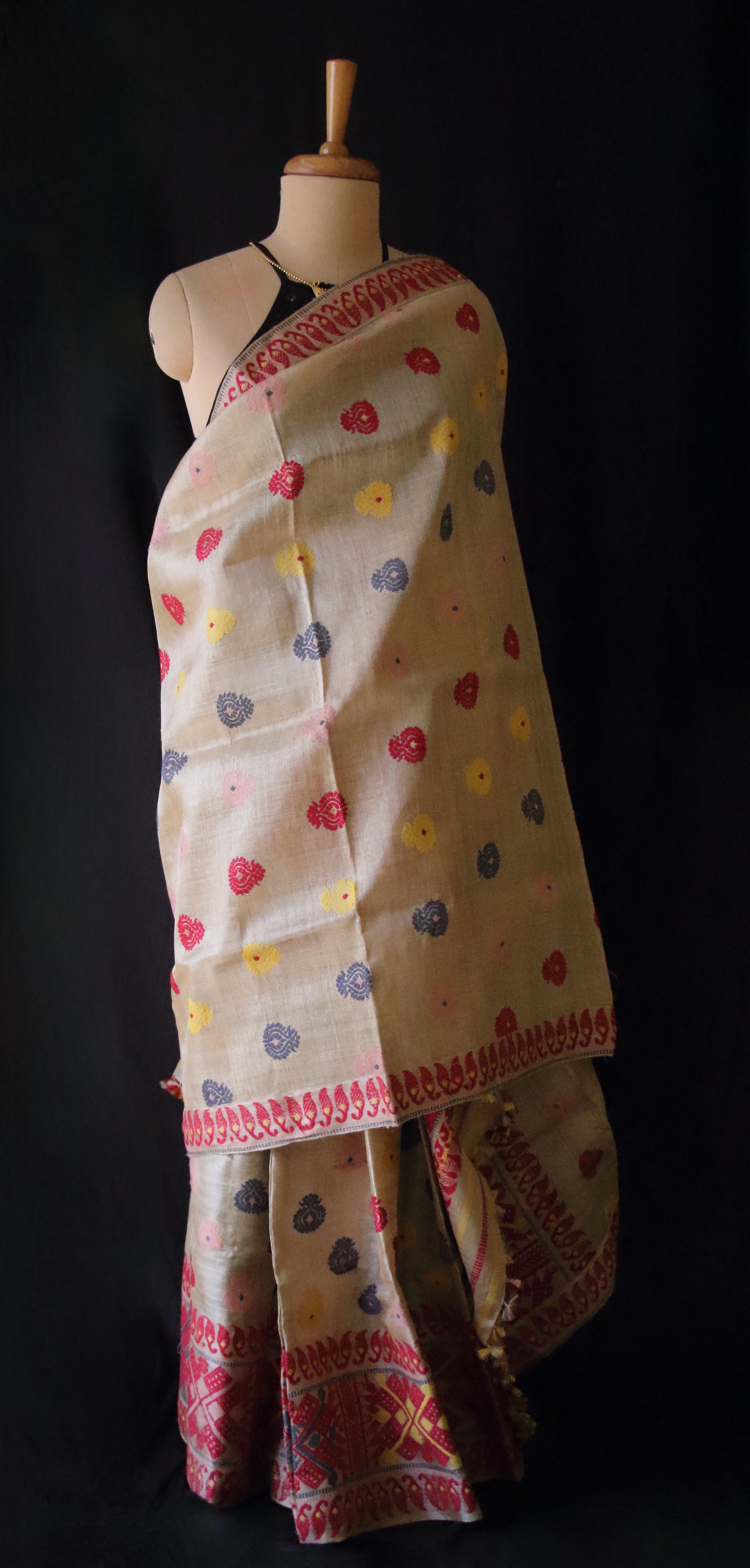 Authentic Muga Silk Traditional Design Mekhela Chador Set from Assam