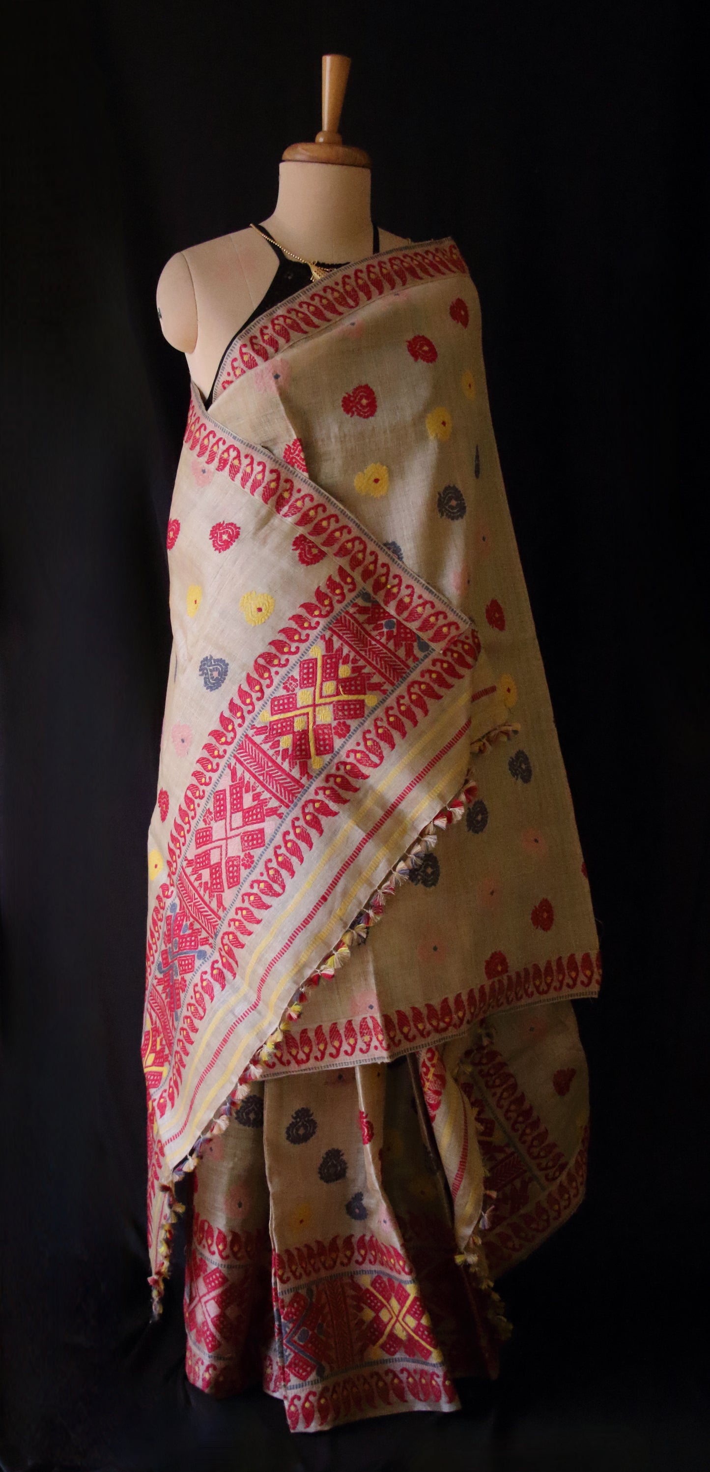 Authentic Muga Silk Traditional Design Mekhela Chador Set from Assam
