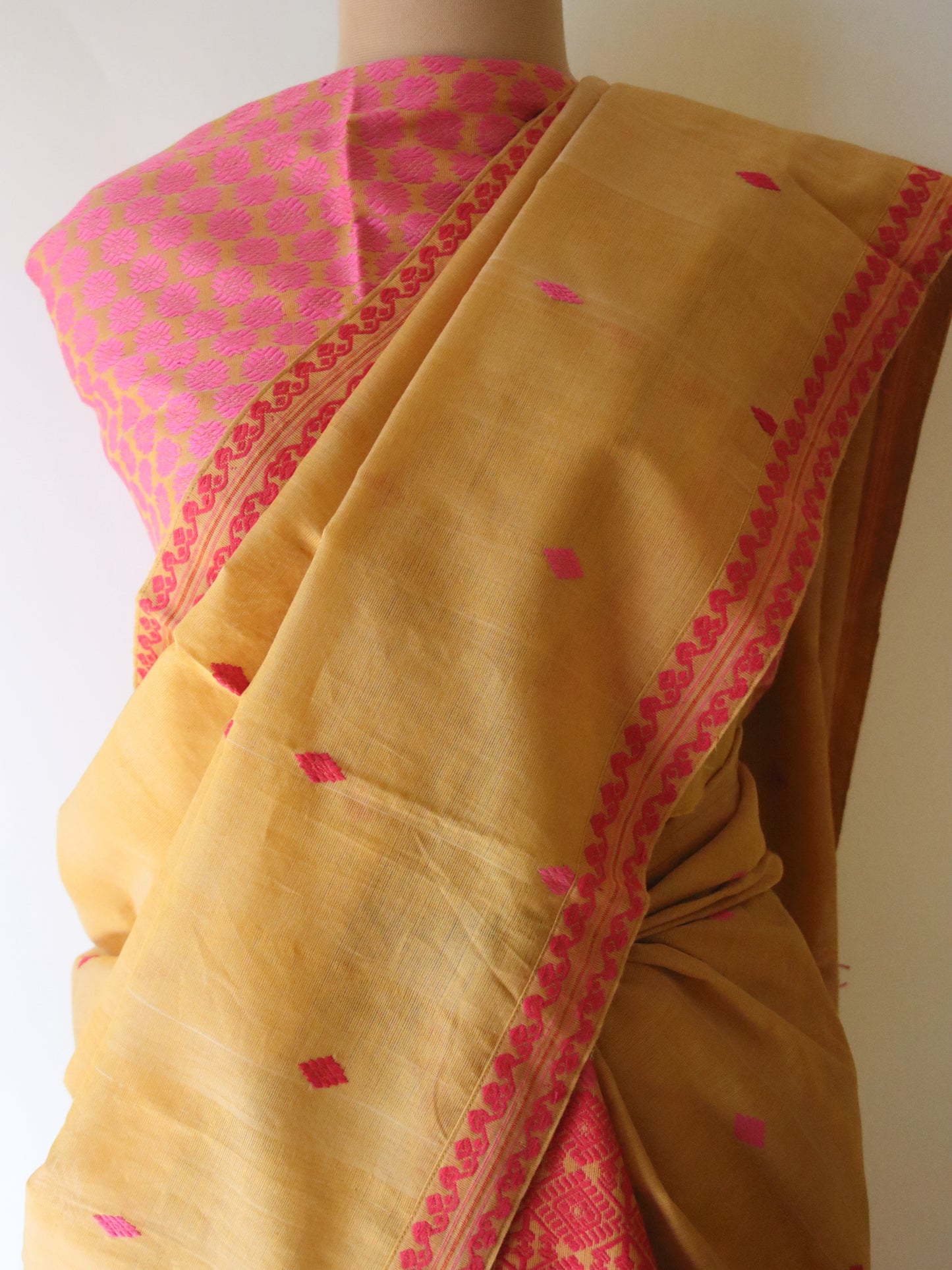 Natural Dyed Mustard Yellow Cotton Silk Traditional Handloom Mekhela Chador Set