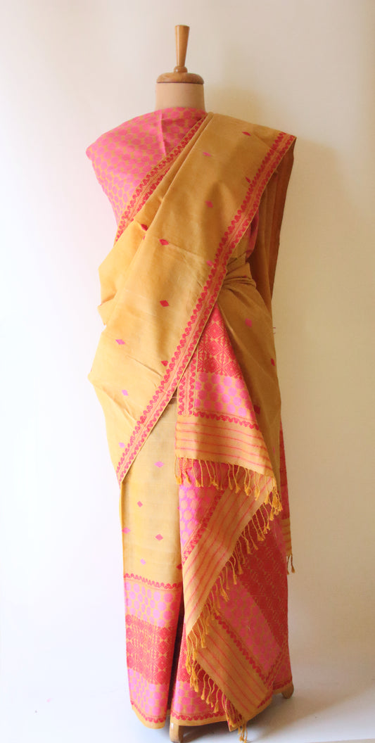 Natural Dyed Mustard Yellow Cotton Silk Traditional Handloom Mekhela Chador Set