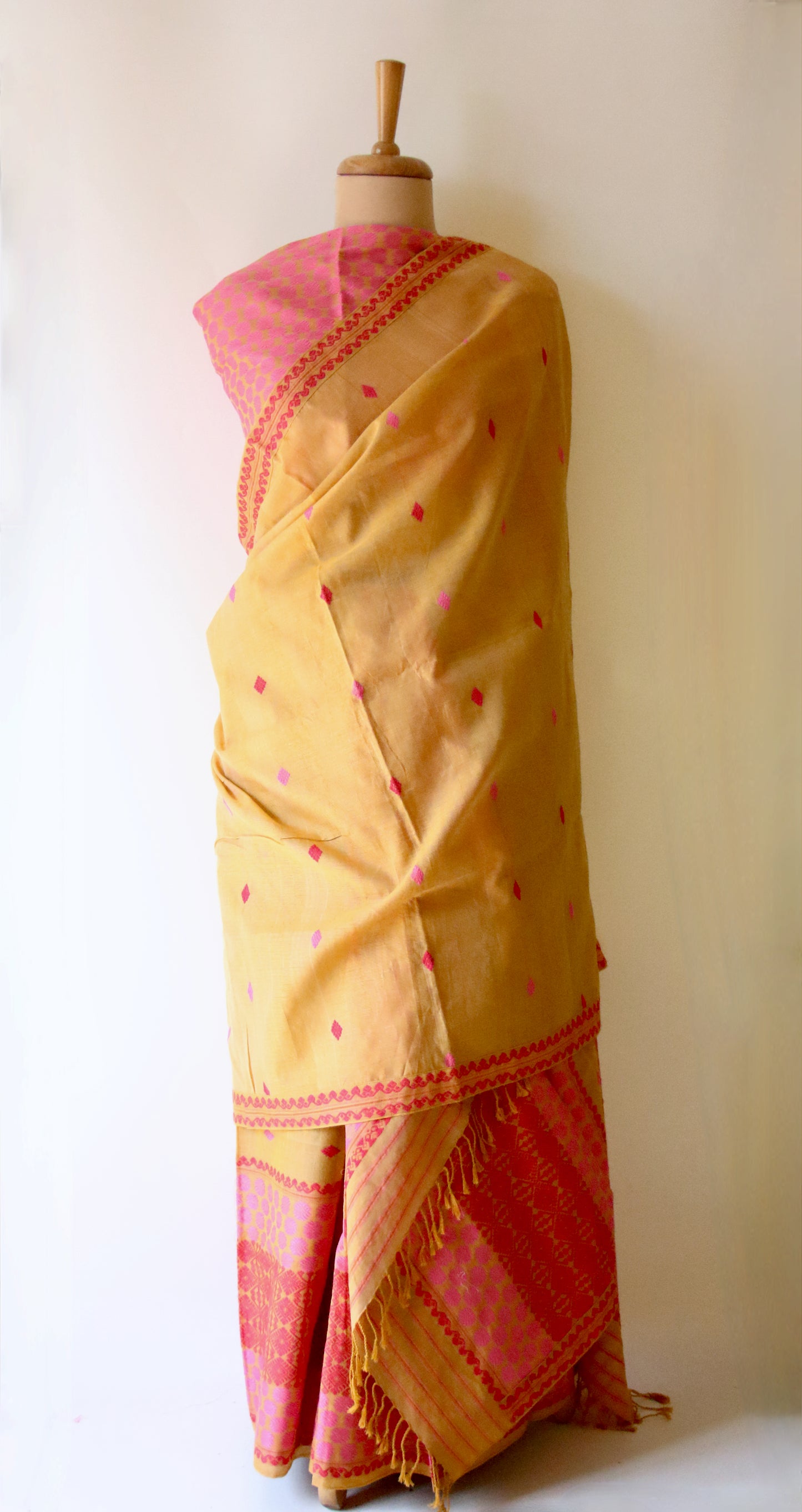 Natural Dyed Mustard Yellow Cotton Silk Traditional Handloom Mekhela Chador Set