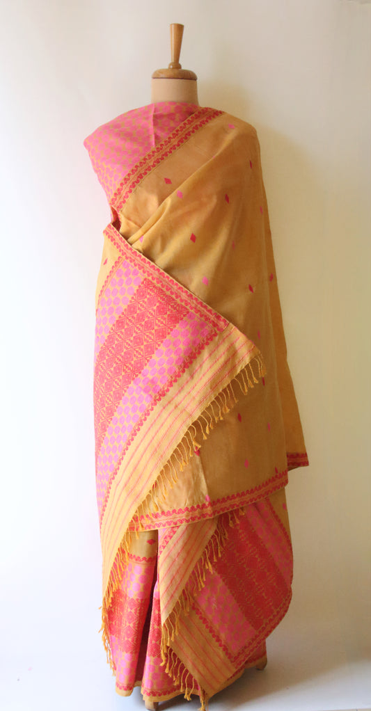 Natural Dyed Mustard Yellow Cotton Silk Traditional Handloom Mekhela Chador Set