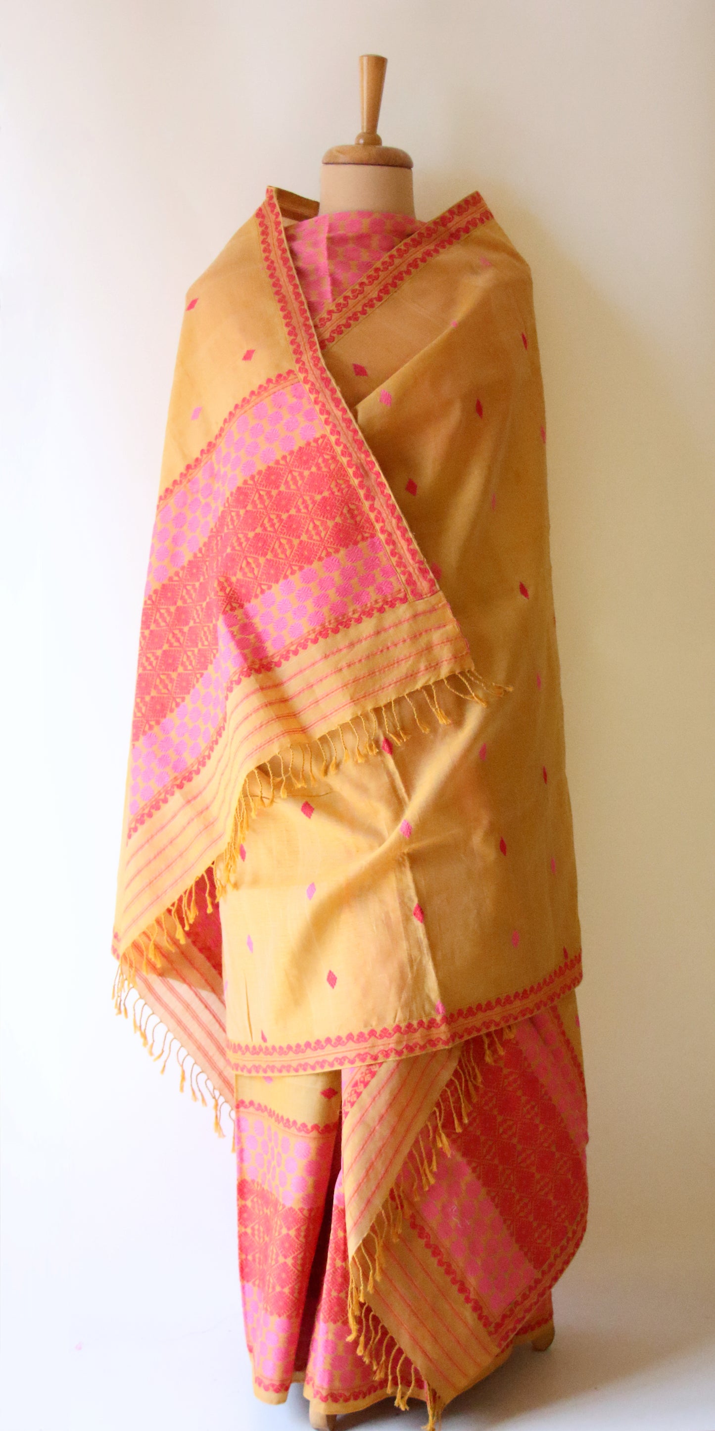 Natural Dyed Mustard Yellow Cotton Silk Traditional Handloom Mekhela Chador Set