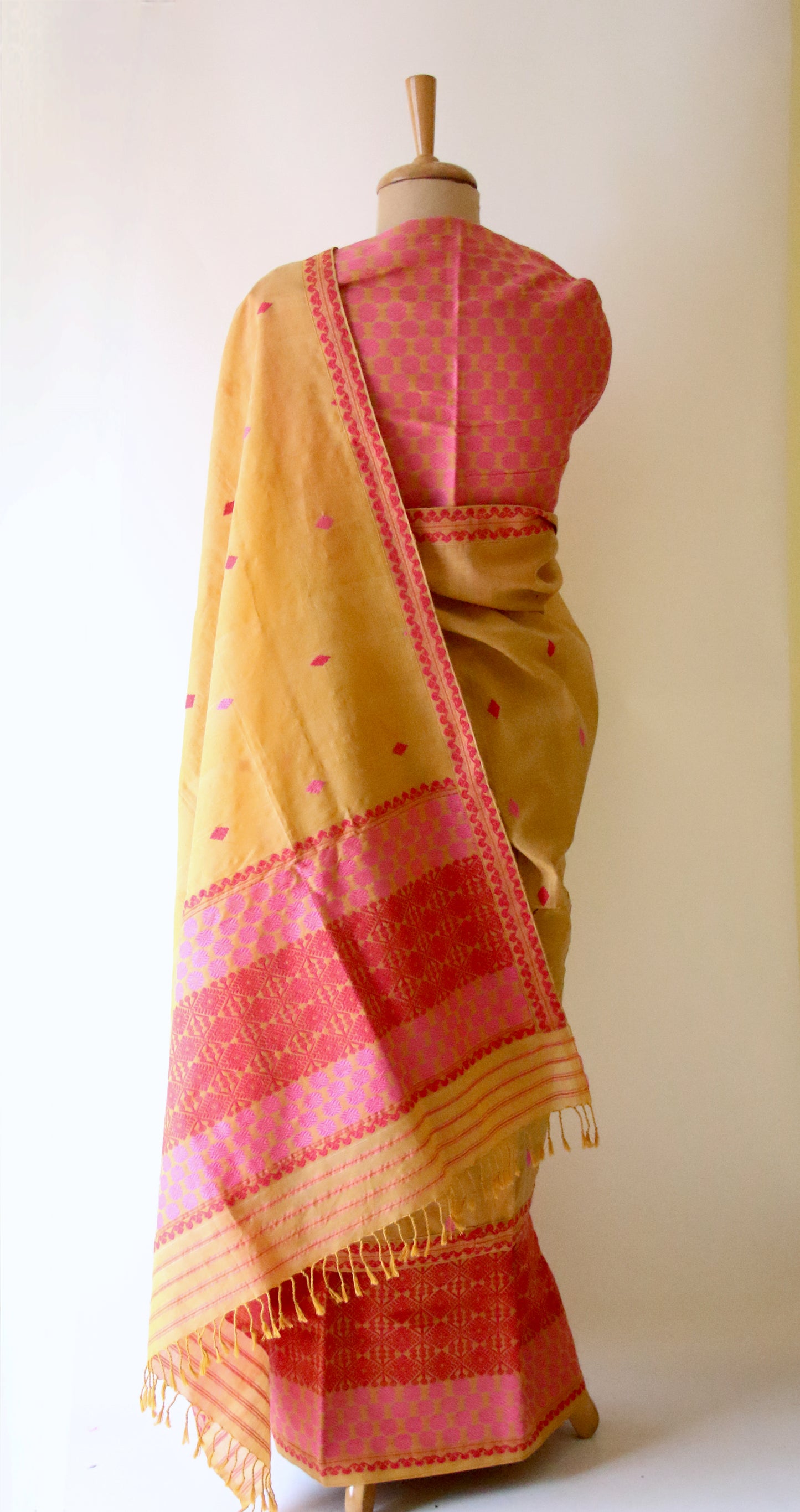 Natural Dyed Mustard Yellow Cotton Silk Traditional Handloom Mekhela Chador Set