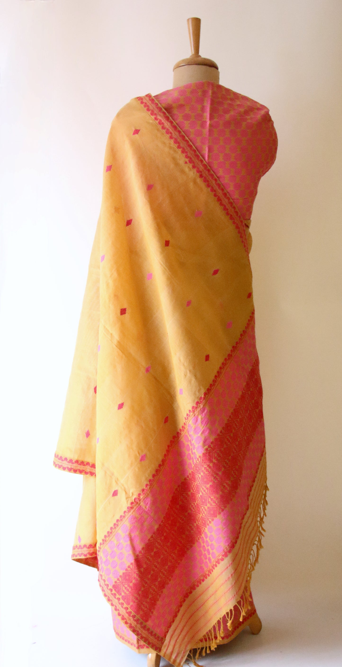 Natural Dyed Mustard Yellow Cotton Silk Traditional Handloom Mekhela Chador Set