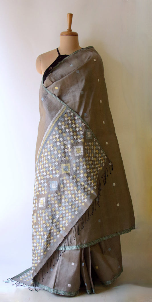 Dull Grey Colour Handloom Silk Saree from Assam