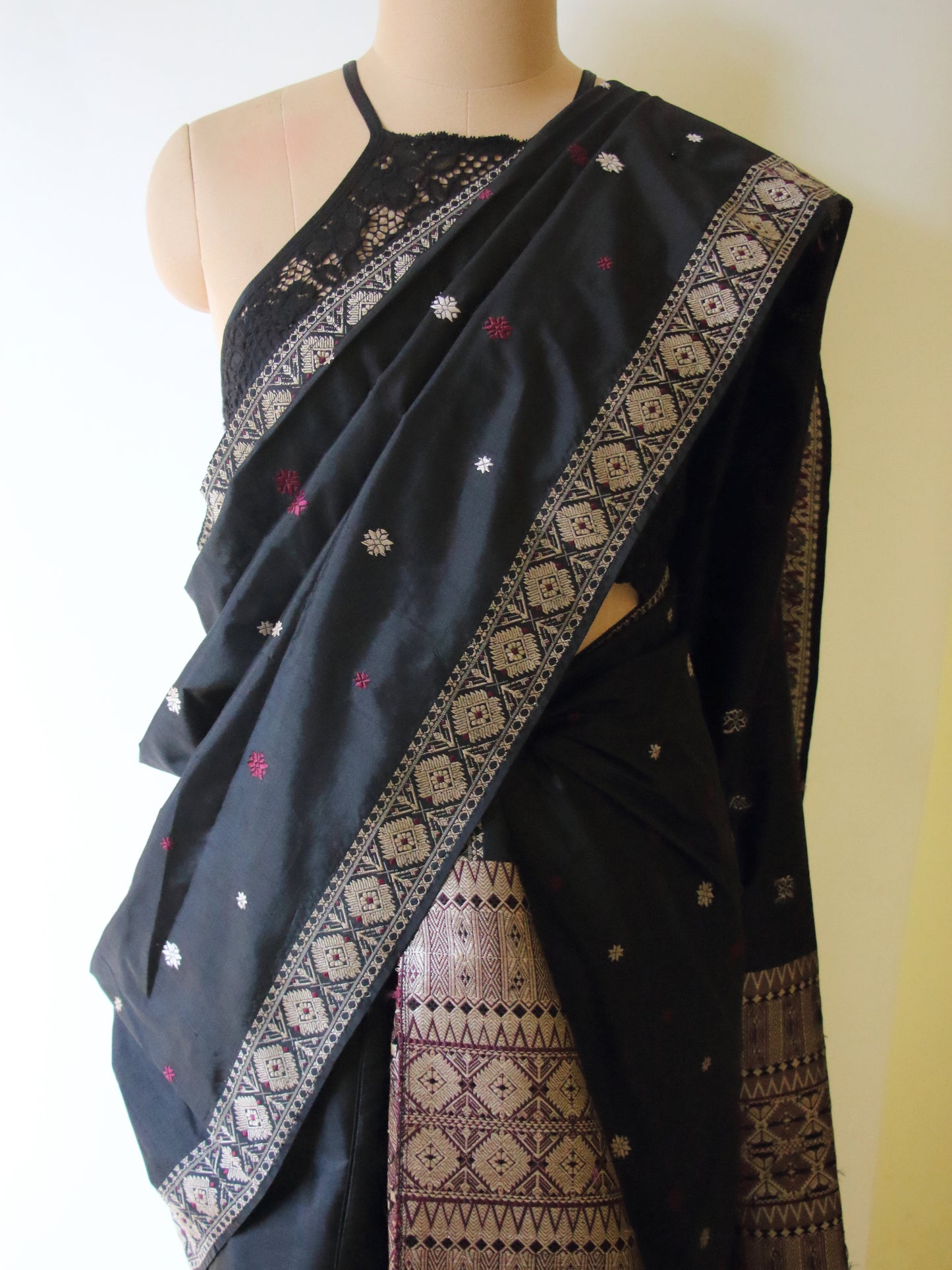 Black Natural Dyed  Mulberry Silk Traditional Mekhla Chador Set