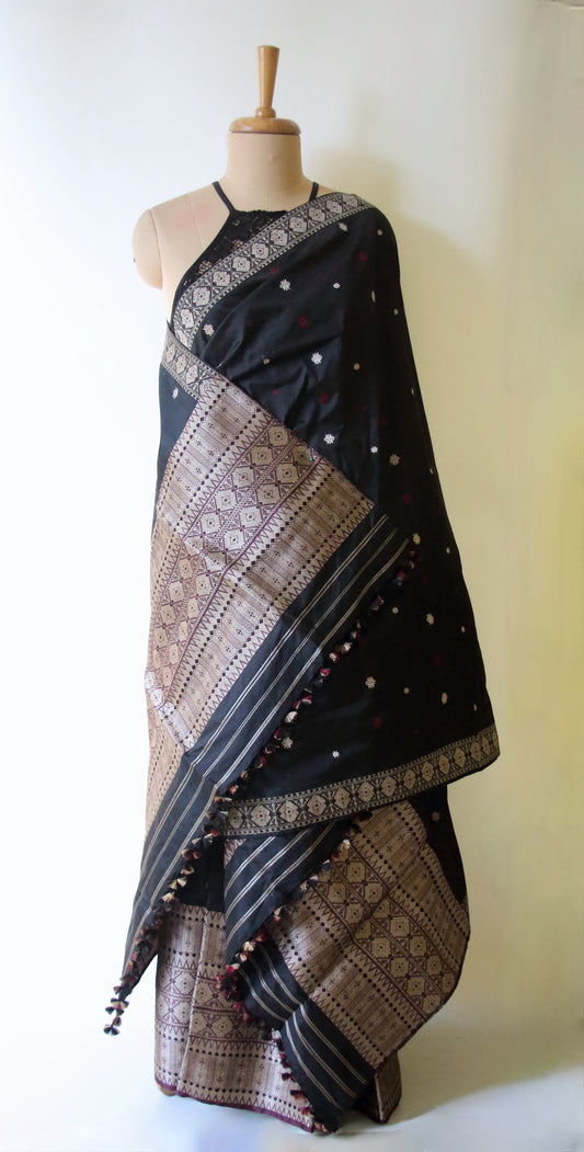 Black Natural Dyed  Mulberry Silk Traditional Mekhla Chador Set