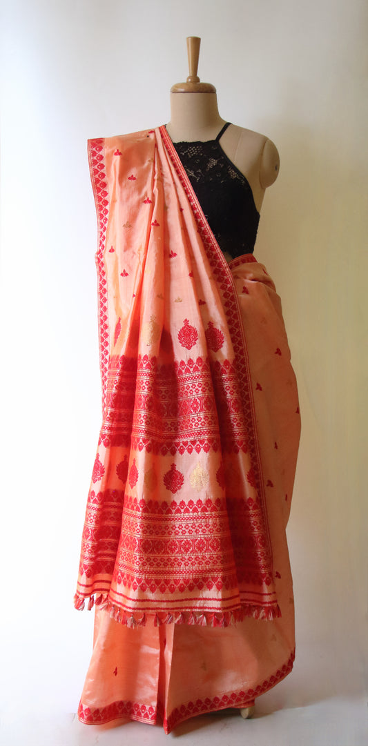 Two Tone Orange Colour Handloom Mulberry Silk Saree from Assam