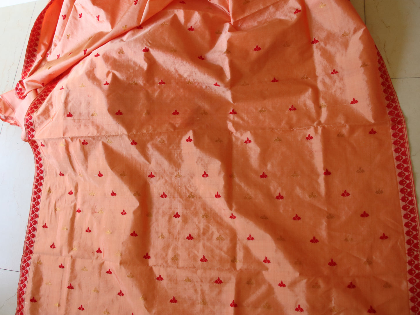 Two Tone Orange Colour Handloom Mulberry Silk Saree from Assam