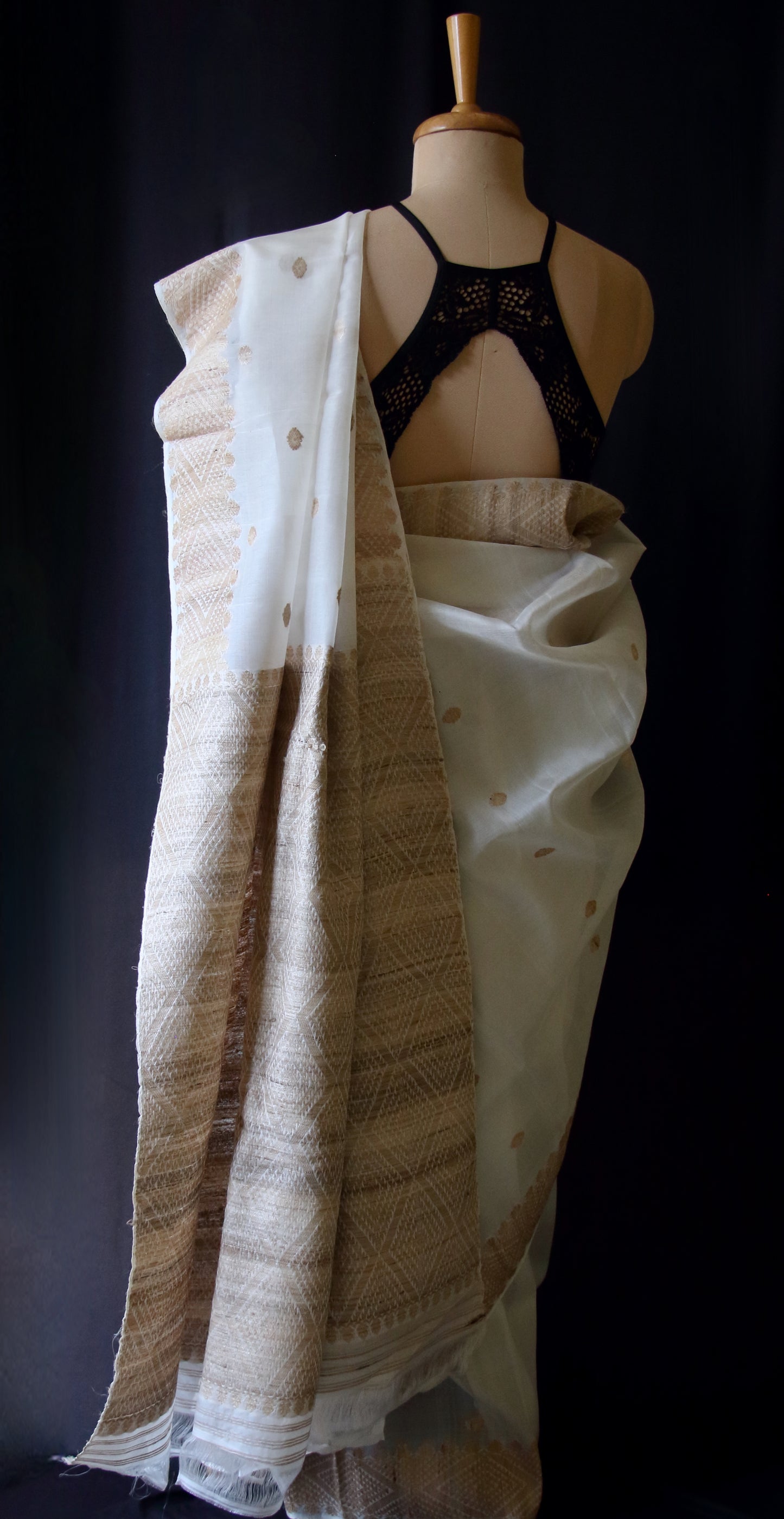 Natural Off White Handloom Silk Organza Saree from Assam