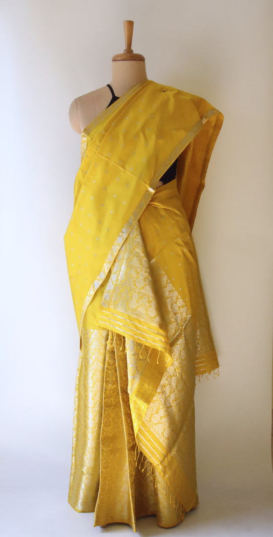 Lemon Yellow Mulberry Silk Traditional Mekhla Chador Set