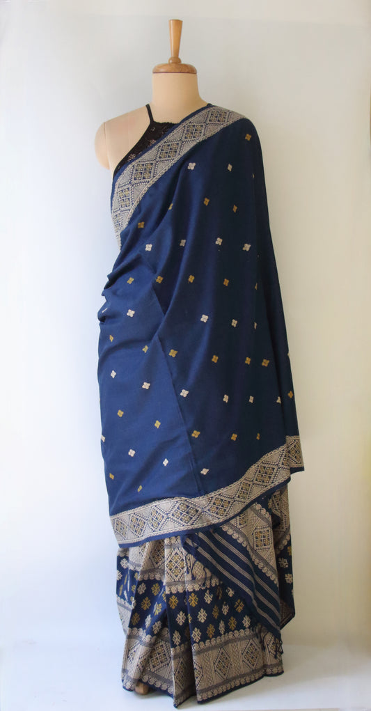 Indigo Narural Dyed Eri Silk Traditional Mekhela Chador Set