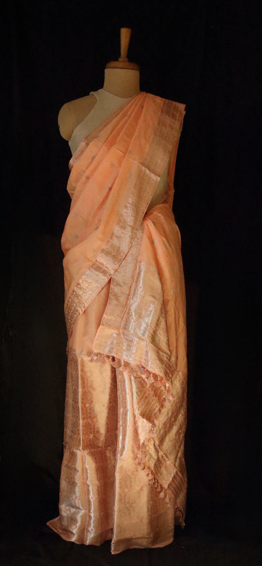 Peach Traditional Handloom Mulberry Silk Mekhla Chador Set from Assam