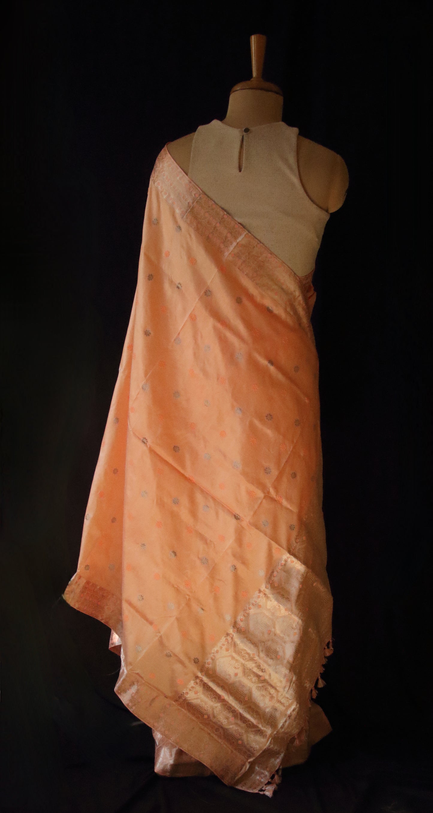Peach Traditional Handloom Mulberry Silk Mekhla Chador Set from Assam