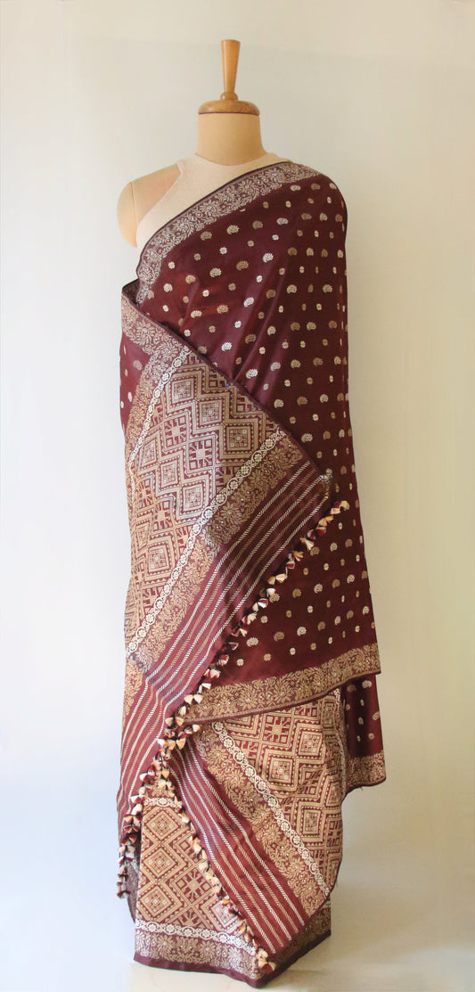 Maroon Natural Dyed Mulberry Silk Mekhla Chador Set from Assam ,